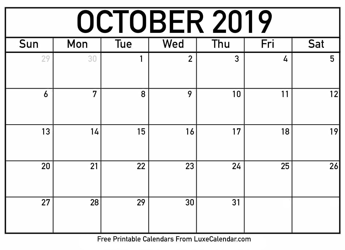 Print Free Calendars Without Downloading 2019 October