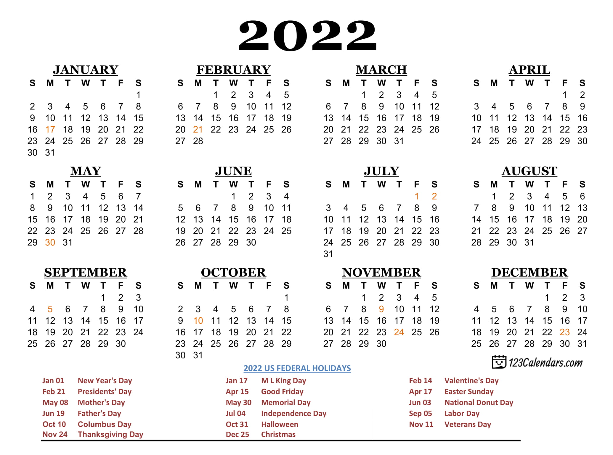 Year 2022 Calendar Templates