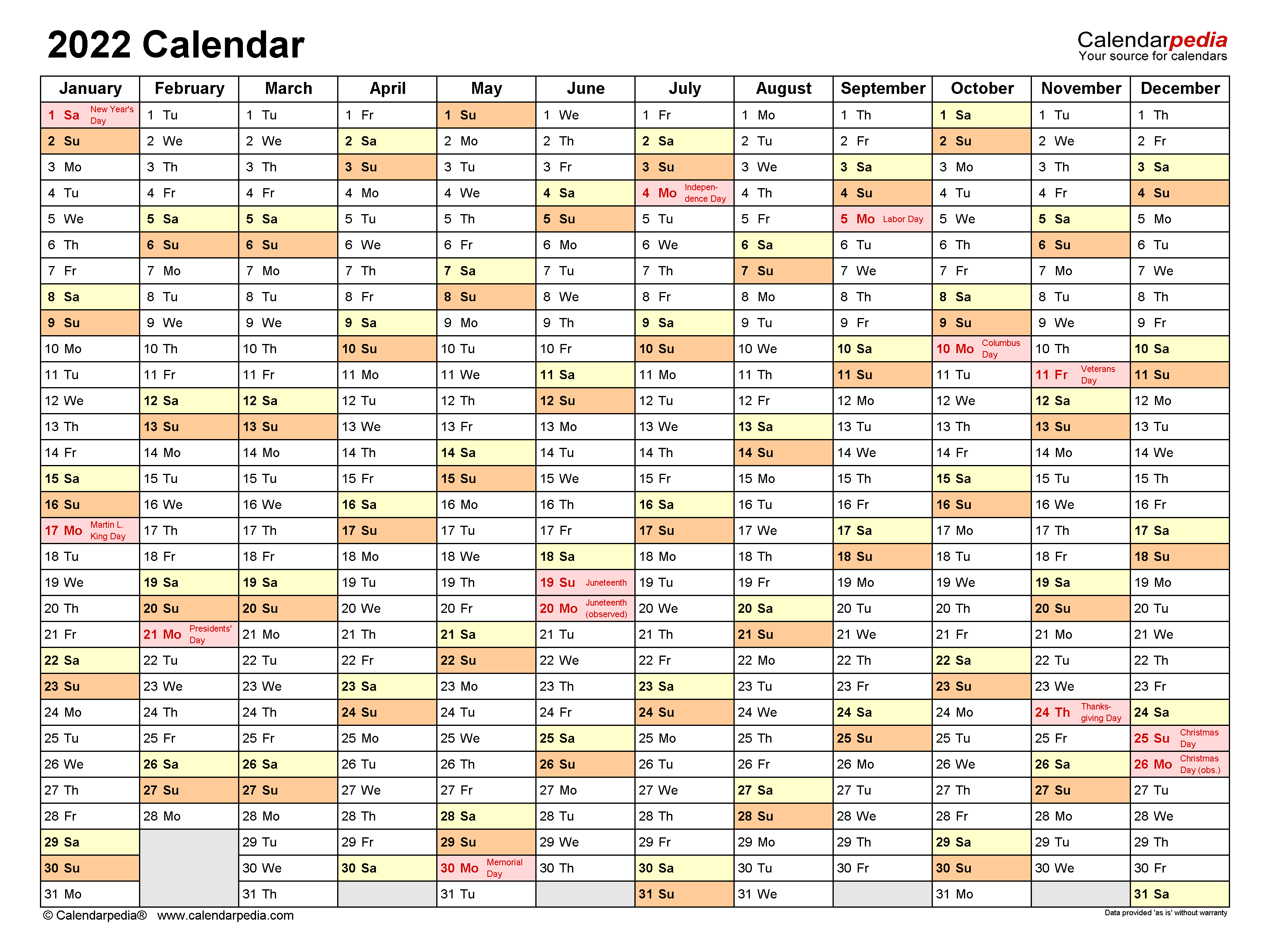 2022 Calendar Printable One Page / 2022 Calendar Free