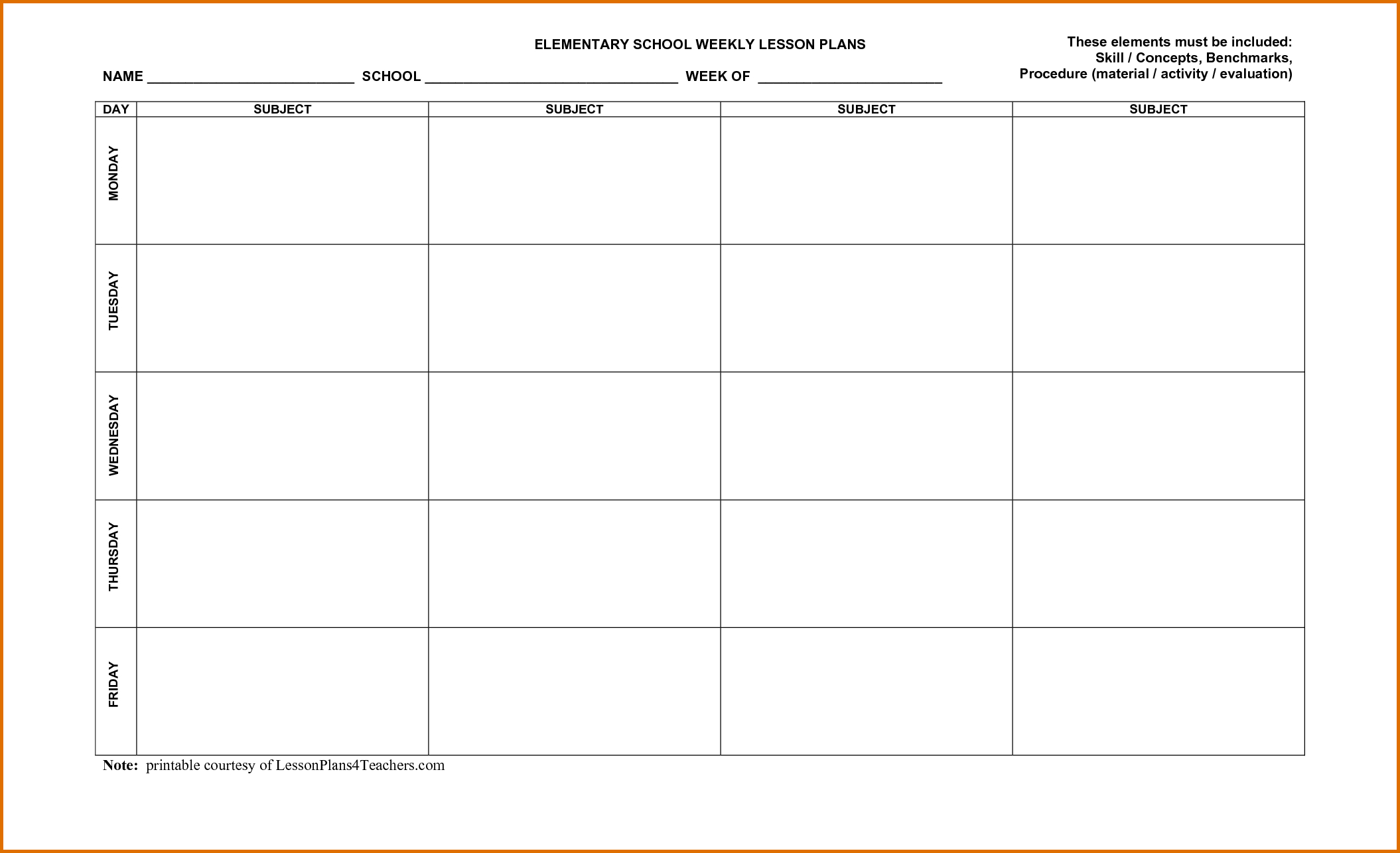 free printable blank weekly lesson planner