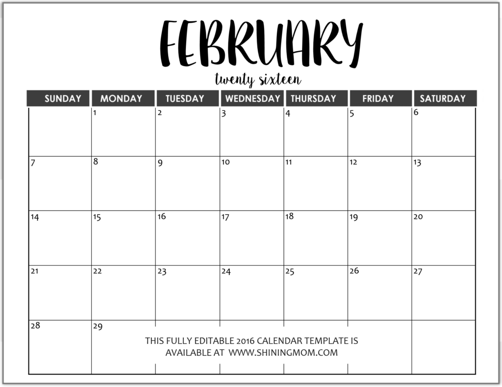 012 Monthly Calendar Templates Free Editable Fully February