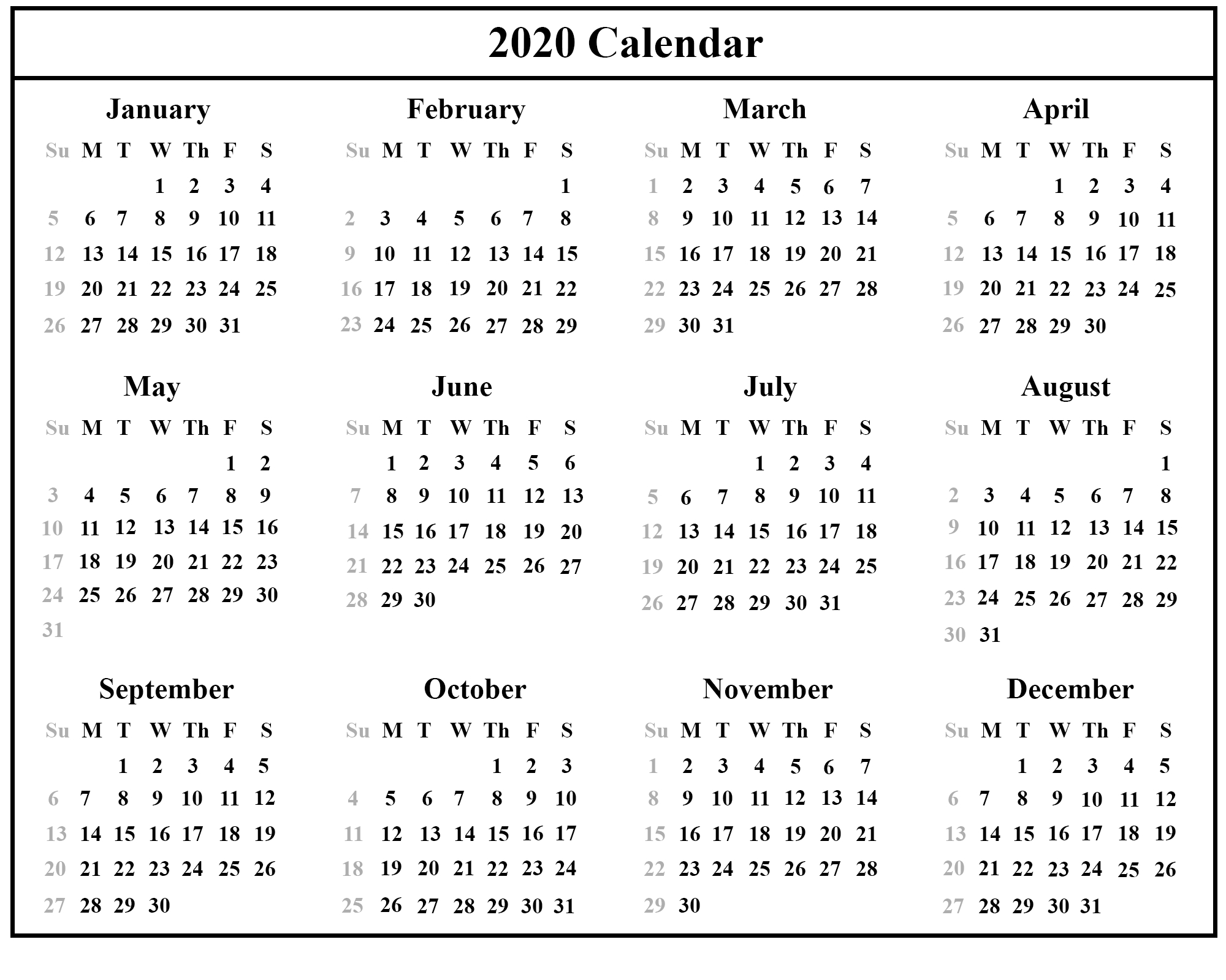 12 Month 2020 Printable Calendar Template With Holidays