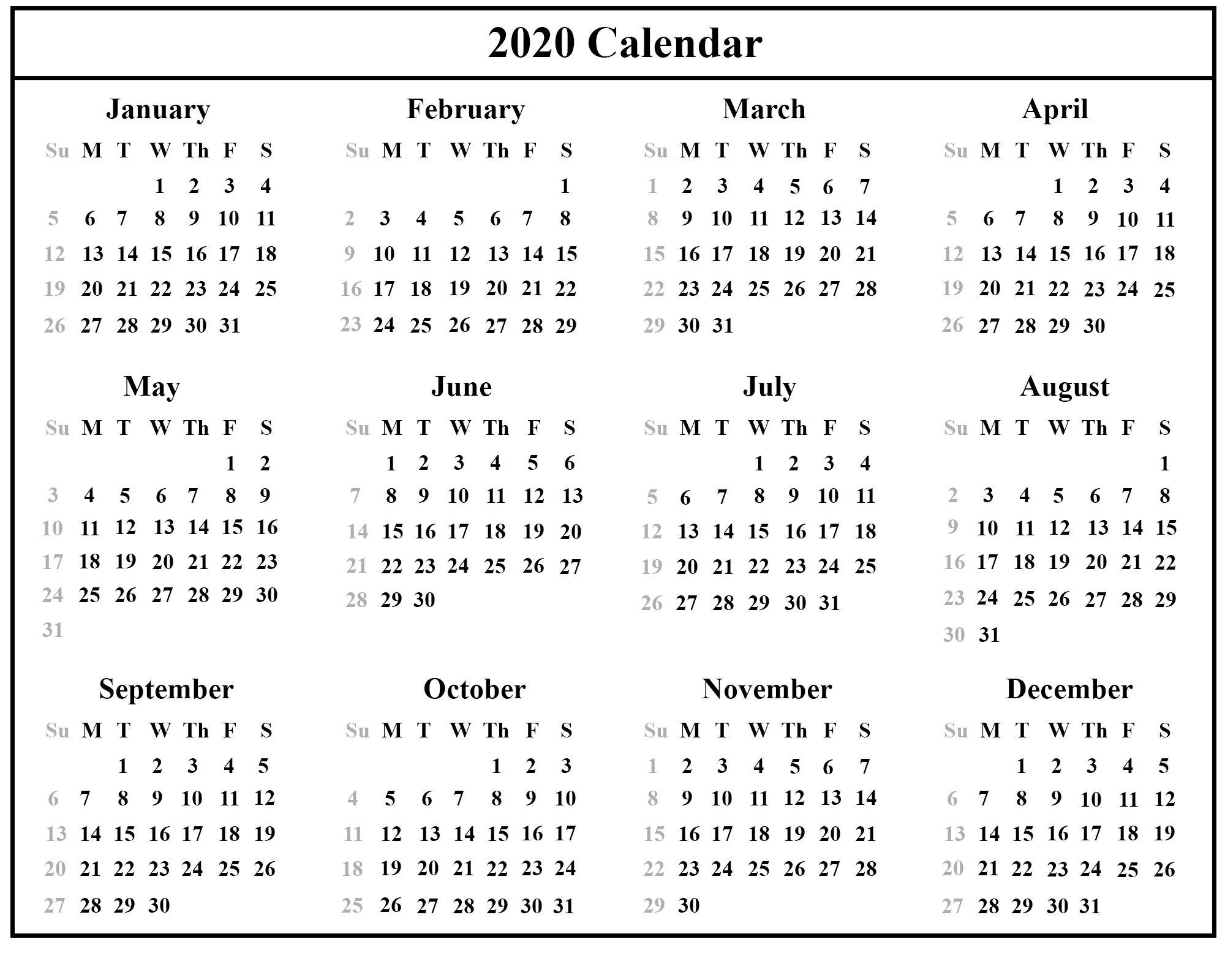 12 Month Blank Calendar 2020 Printable Example Calendar Printable