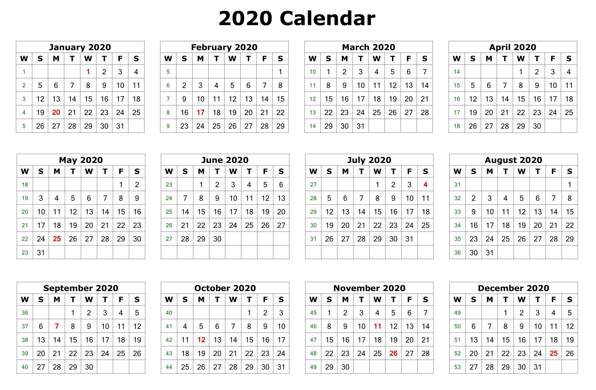12 Months 2020 Printable Calendar Template - Free Printable