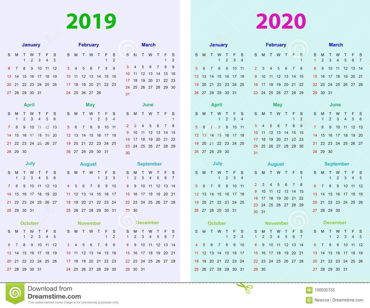 12 Months Calendar Design 2019-2020 Stock Vector