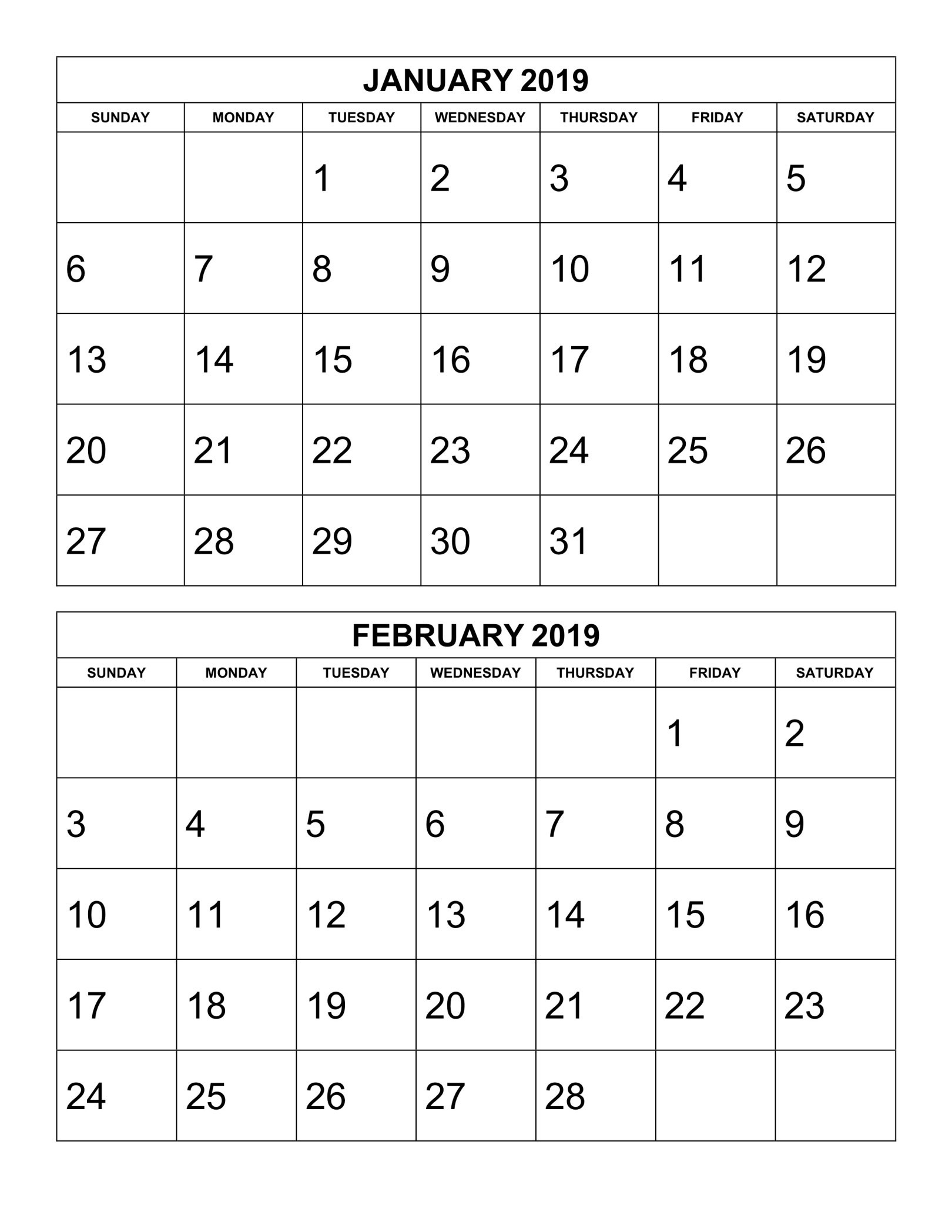 2 Month Calendar Template 2019 • Printable Blank Calendar