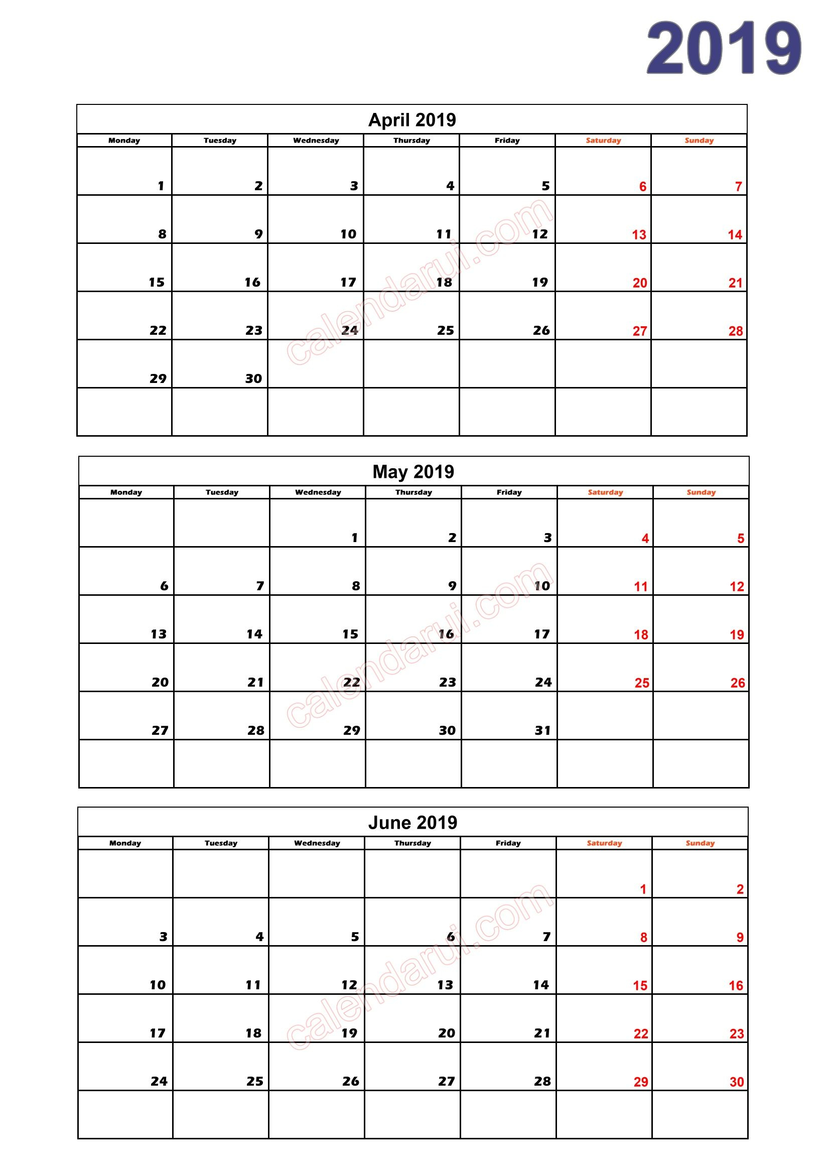 2 Quarter 2 Calendar 2019 Printable Download Free_2 | 2019