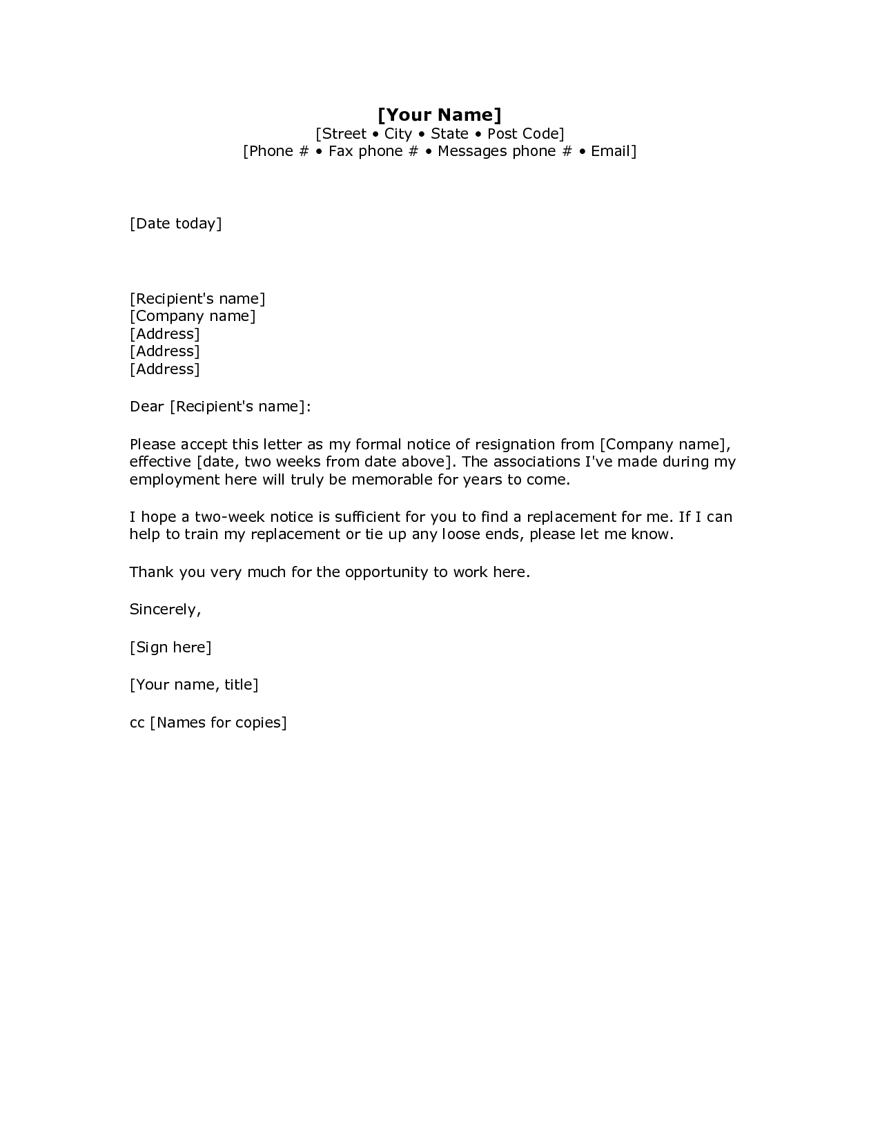 2 Week Resignation Letter Template Examples | Letter