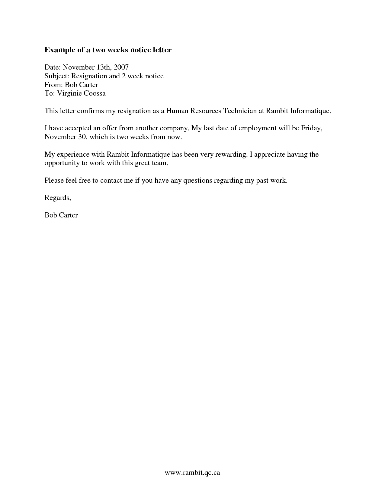 2 Weeks Notice Letter Resignation Letter Week Notice