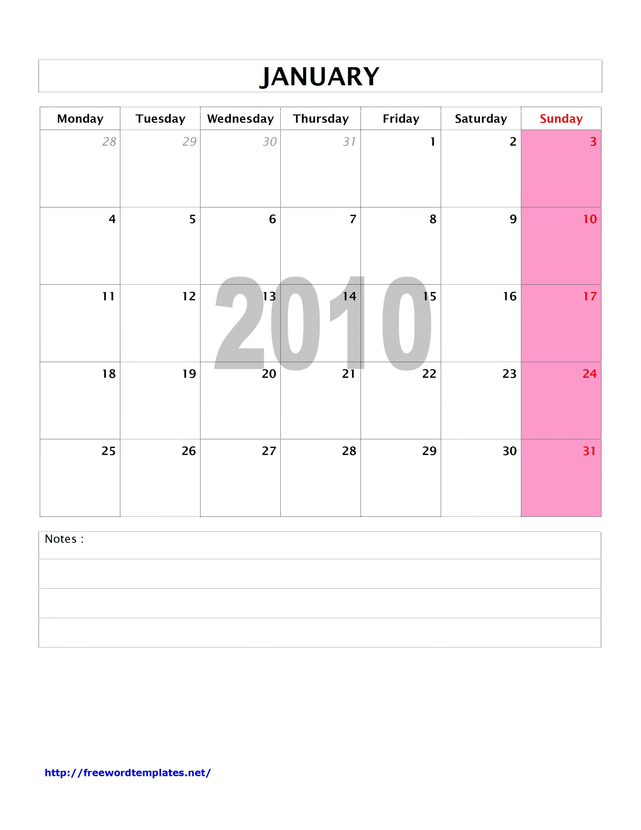 2010 Monthly Calendar