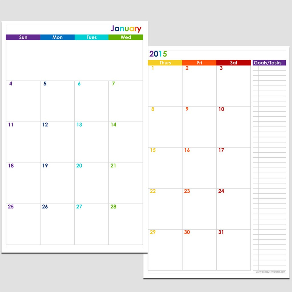 2015 12-Month 2 Page Calendar - Half Size | Legacy Templates