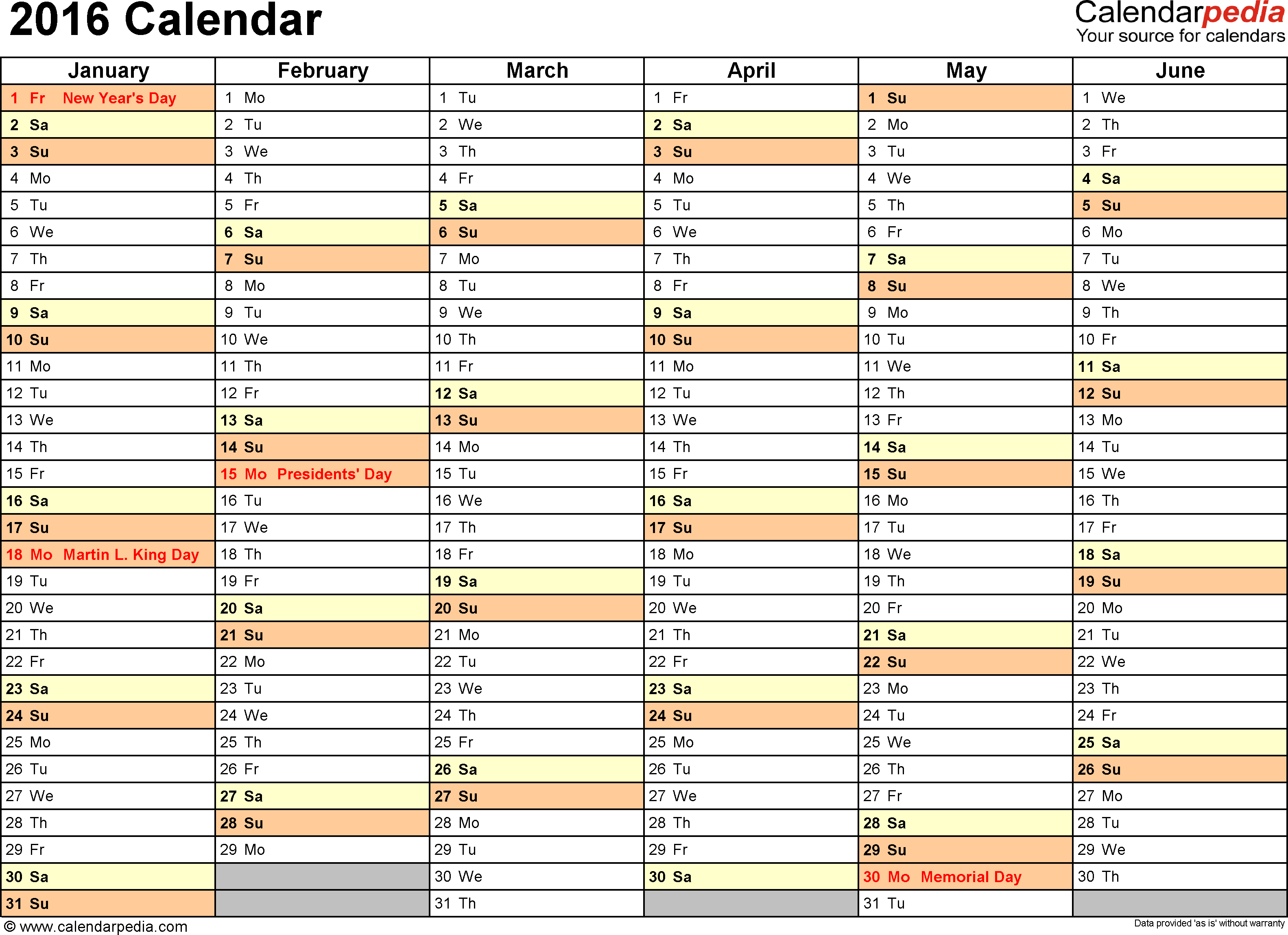 2016 Calendar - Download 16 Free Printable Excel Templates
