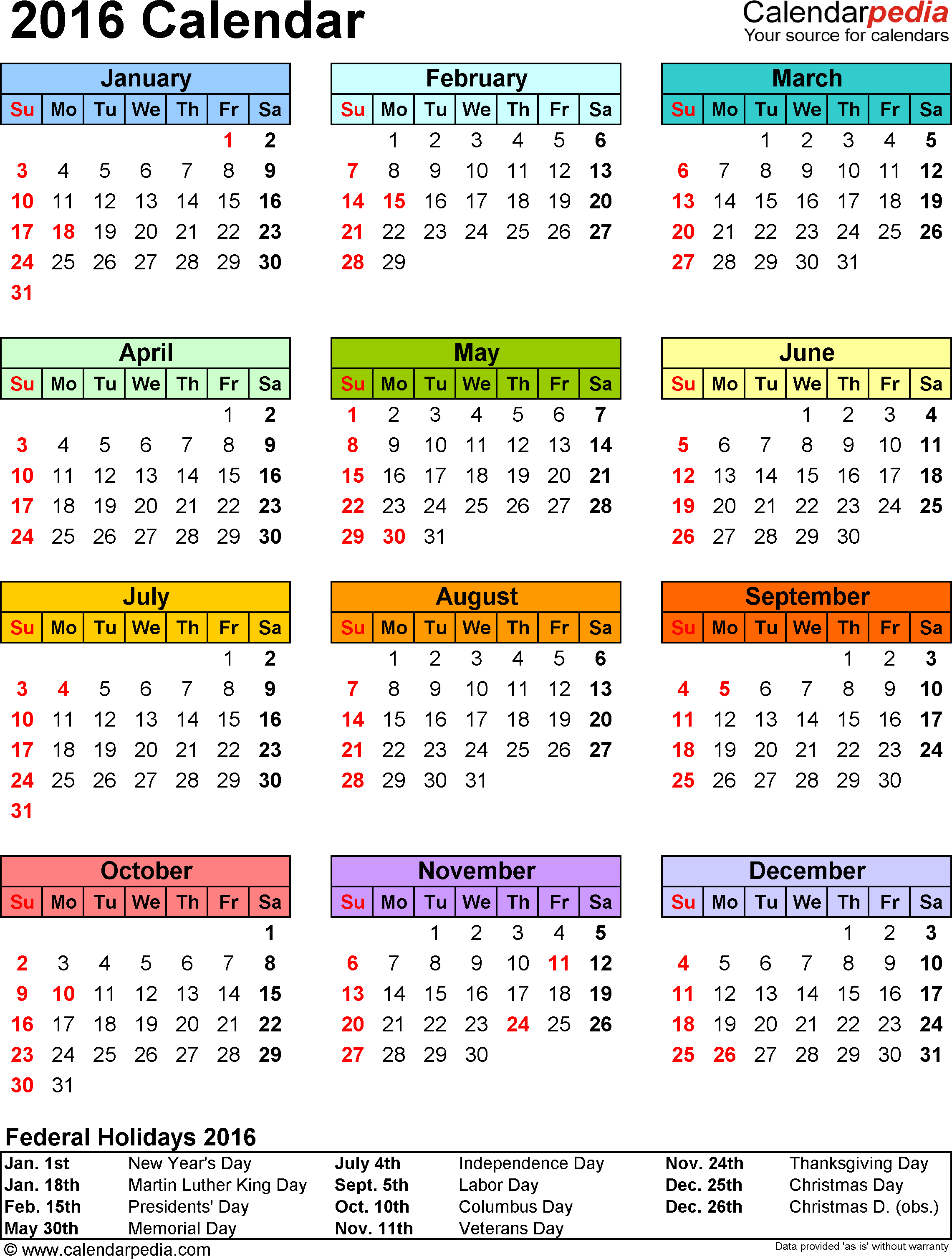 2016 Calendar With Federal Holidays &amp; Excel/pdf/word Templates