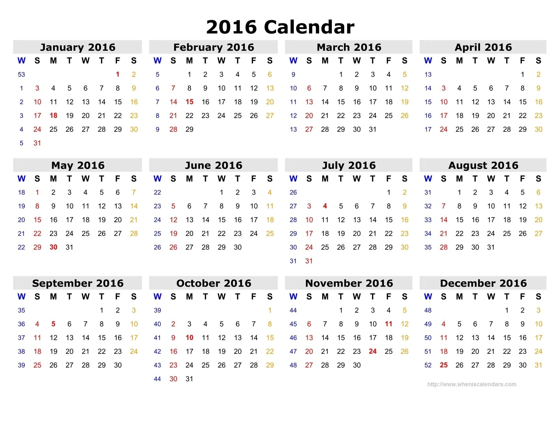 2016 Calendar With Week Numbers Printable - Google Search