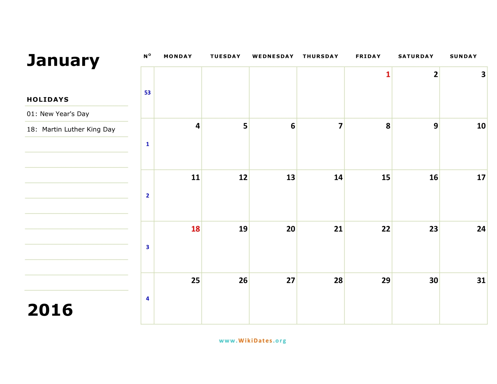 2016 Monthly Calendar Starts On A Monday | Calendar Template