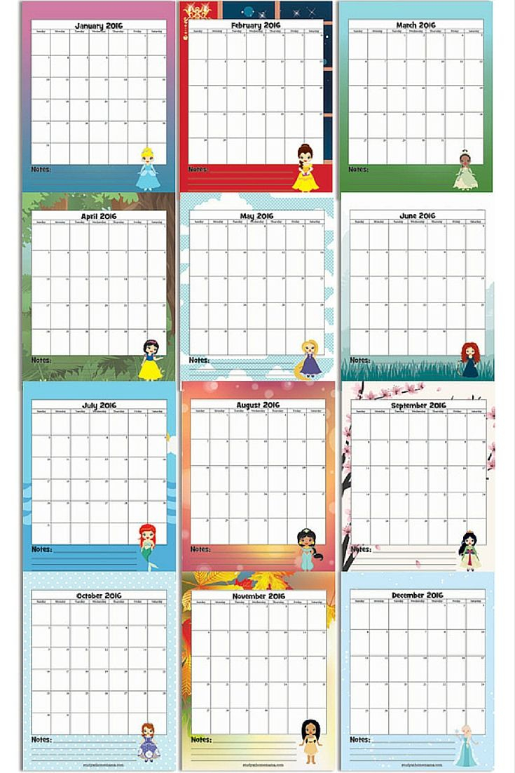 2016 Princess Calendar (Free Printable | Calendar | Monthly