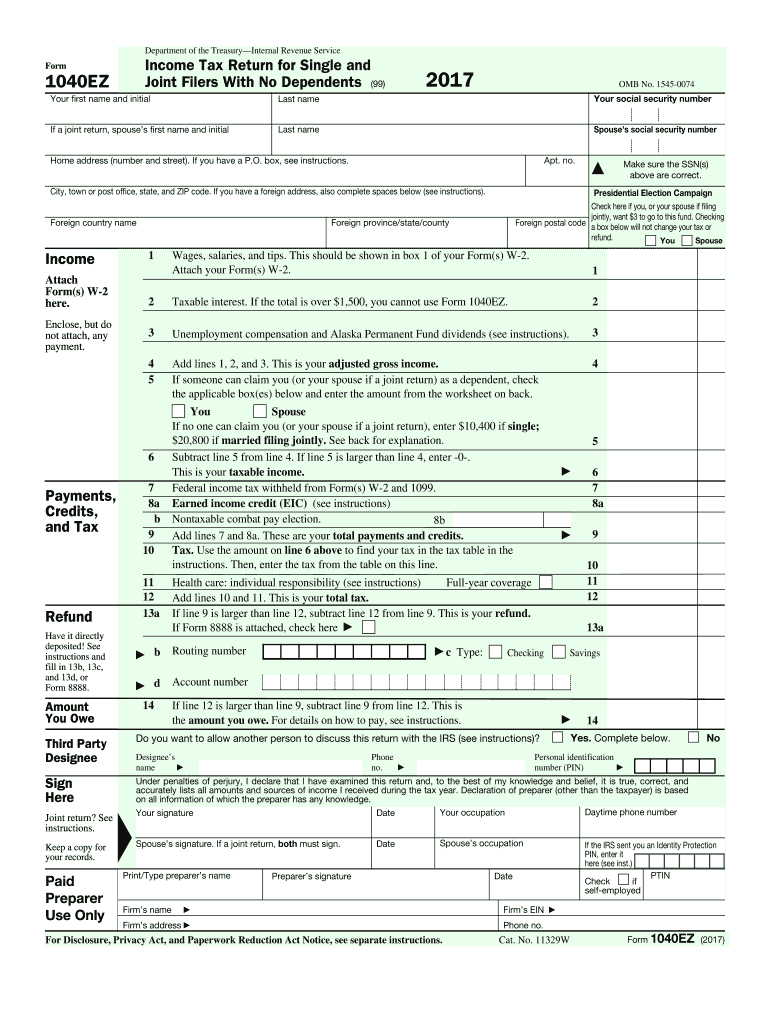 2017-2019 Form Irs 1040-Ez Fill Online, Printable, Fillable