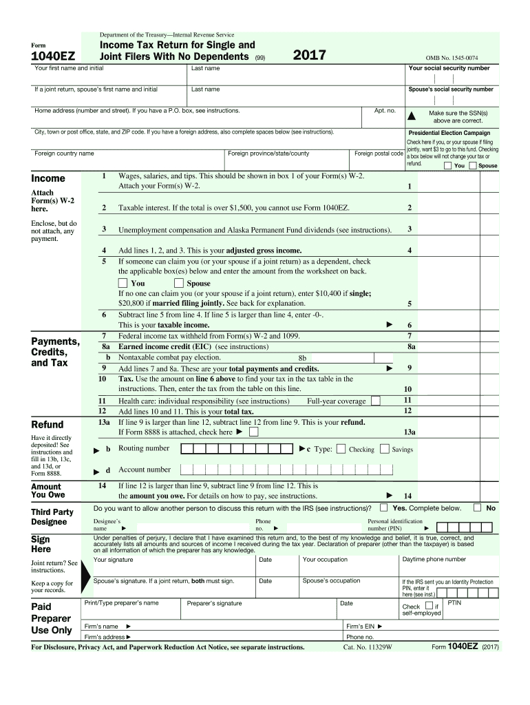 2017 2019 Form Irs 1040 Ez Fill Online Printable Fillable 