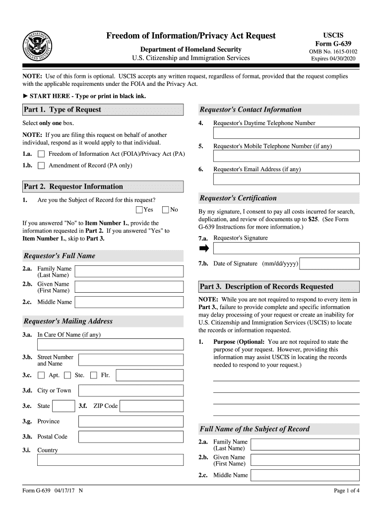 2017 Form Uscis G-639 Fill Online, Printable, Fillable