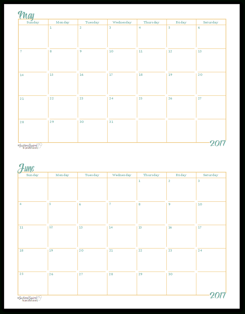 2017 Half-Size Monthly Calendar Printables