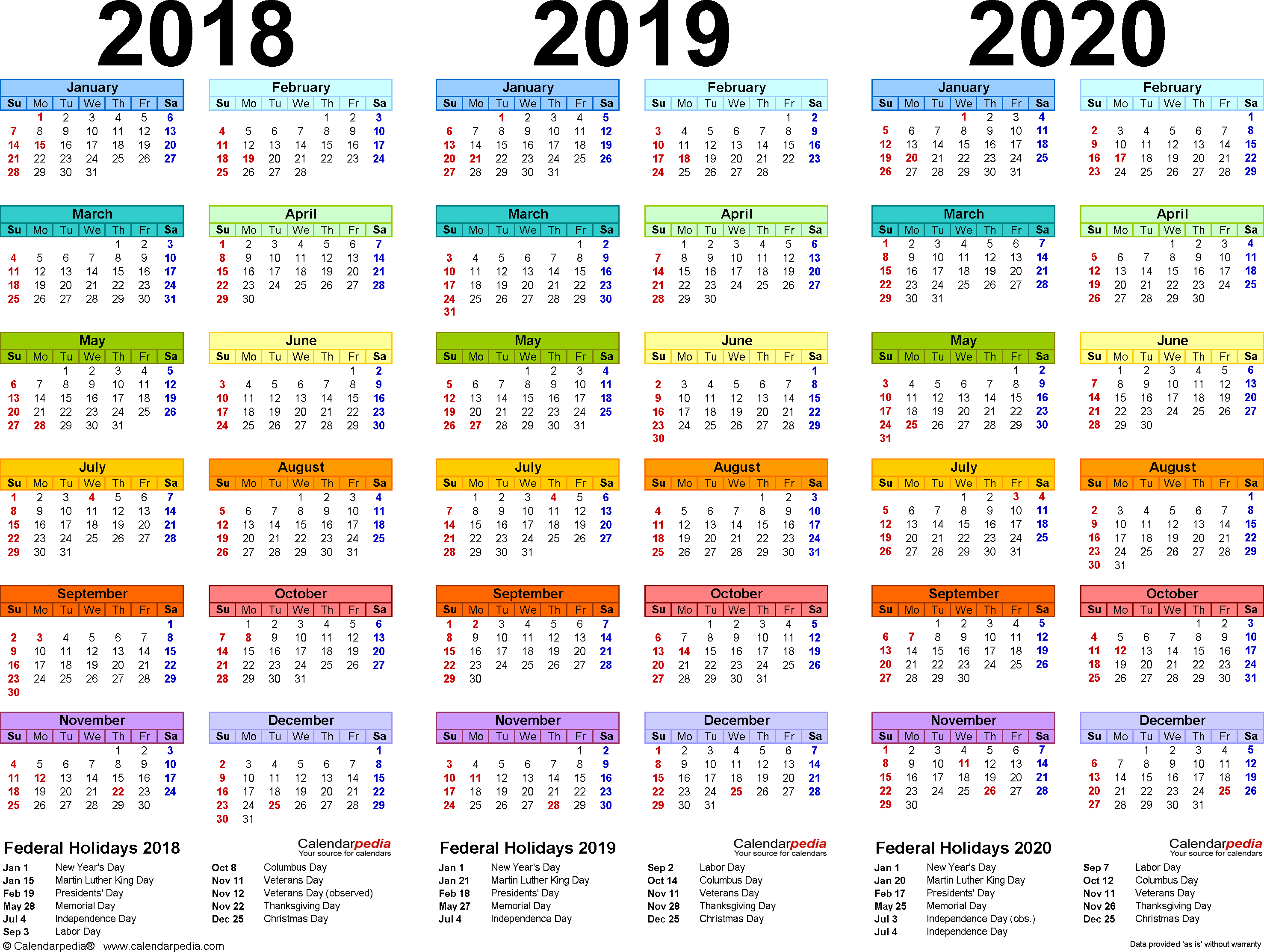 2018/2019/2020 Calendar - 4 Three-Year Printable Pdf Calendars