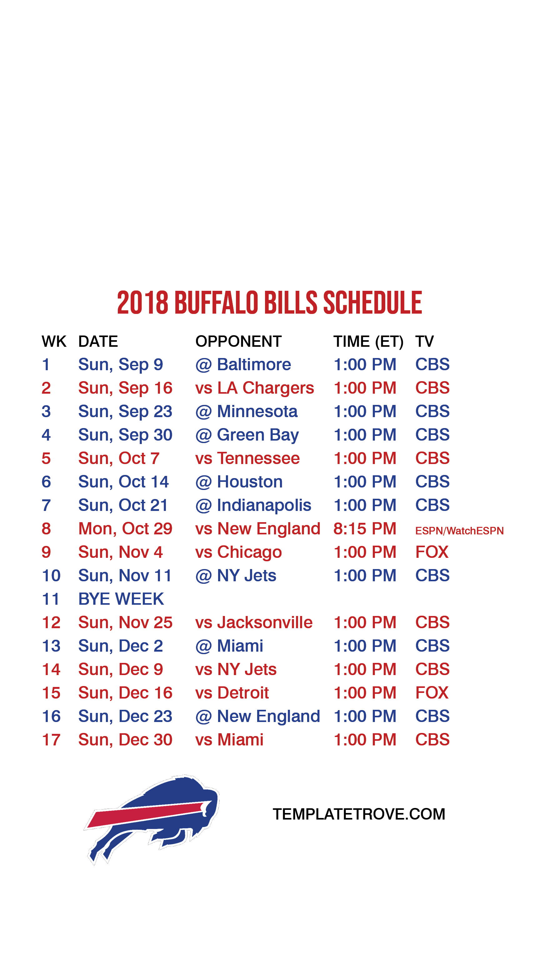 Buffalo Bills Printable Schedule