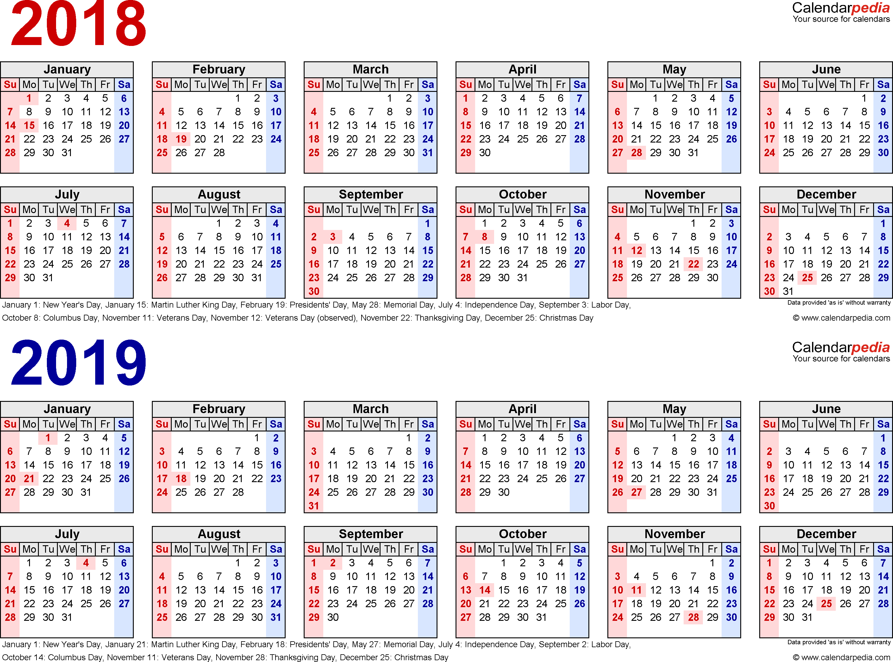 2018 2019 Calendar Free Printable Two Year Pdf Calendars