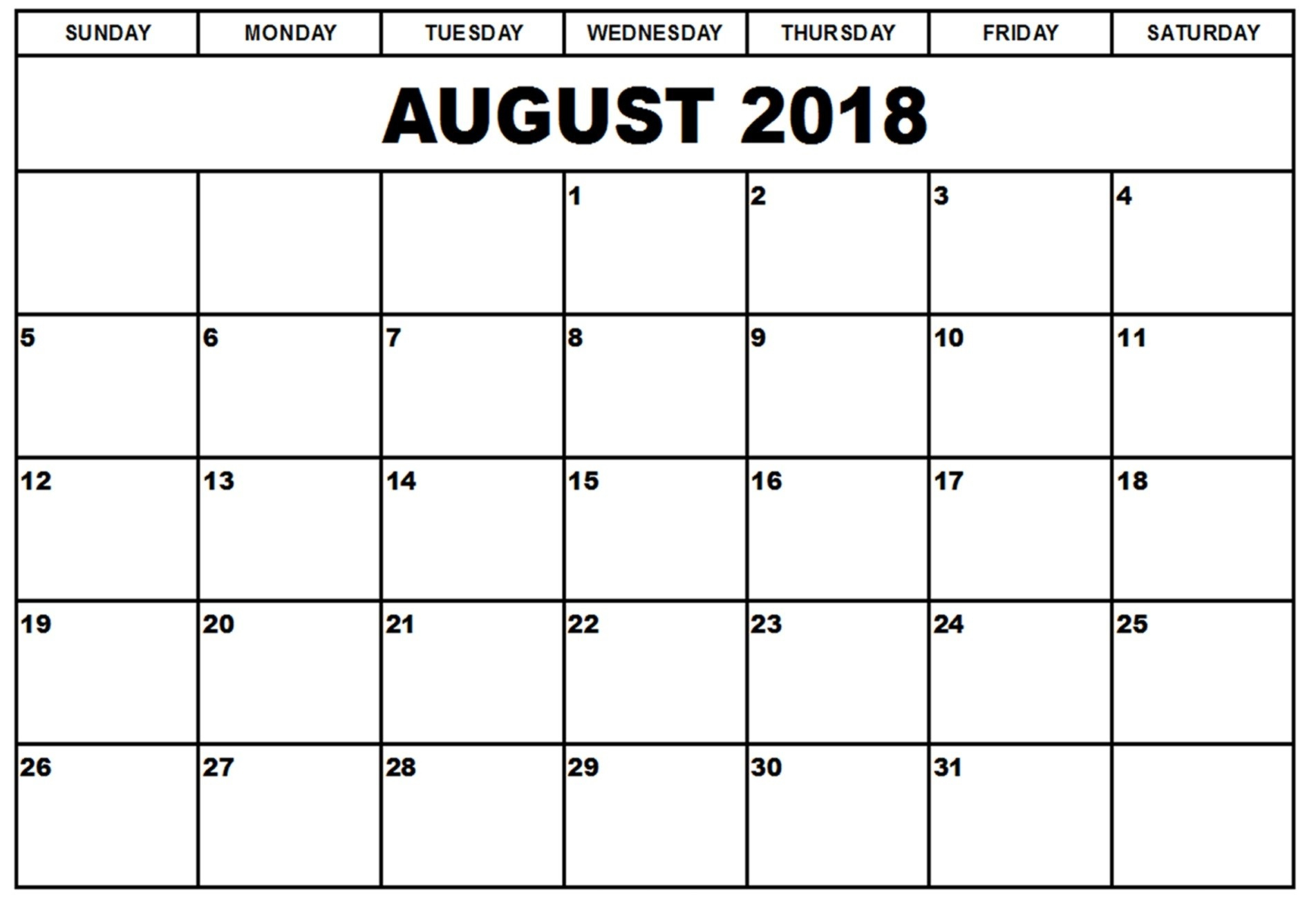2018 August Calendar Printable Monthly Template - July 2020