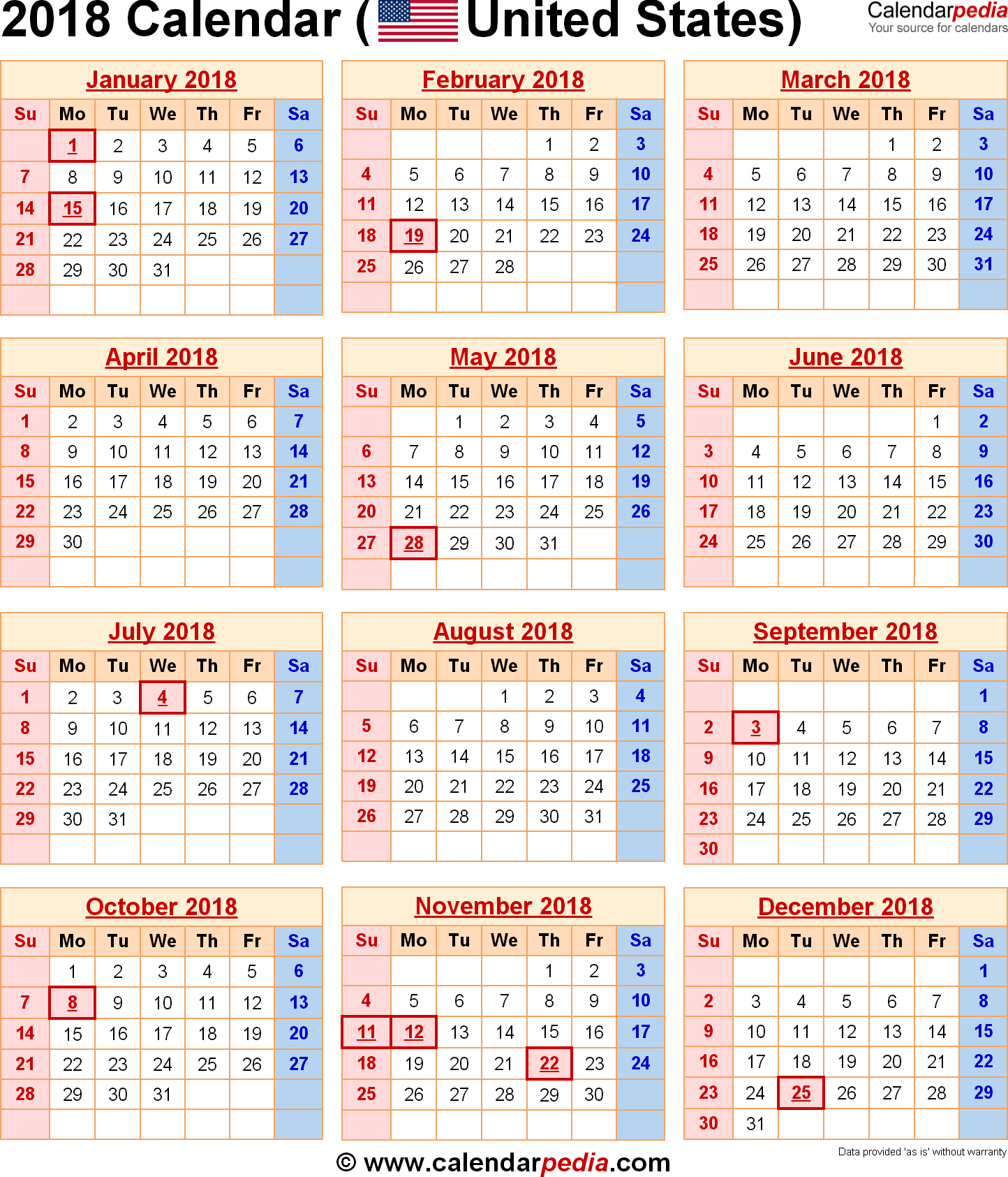 2018 Calendar | Calendars Diy | Holiday Calendar, 2018