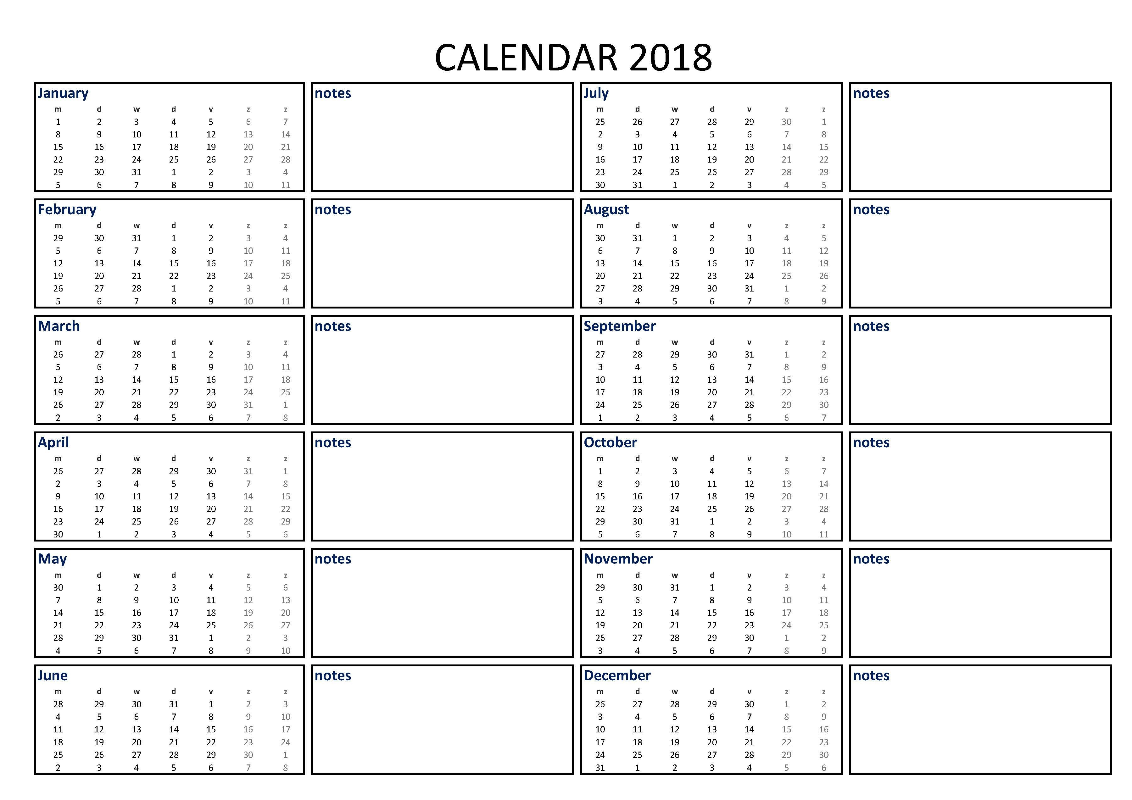 2018 Calendar Excel A3 With Notes - Download Our Free