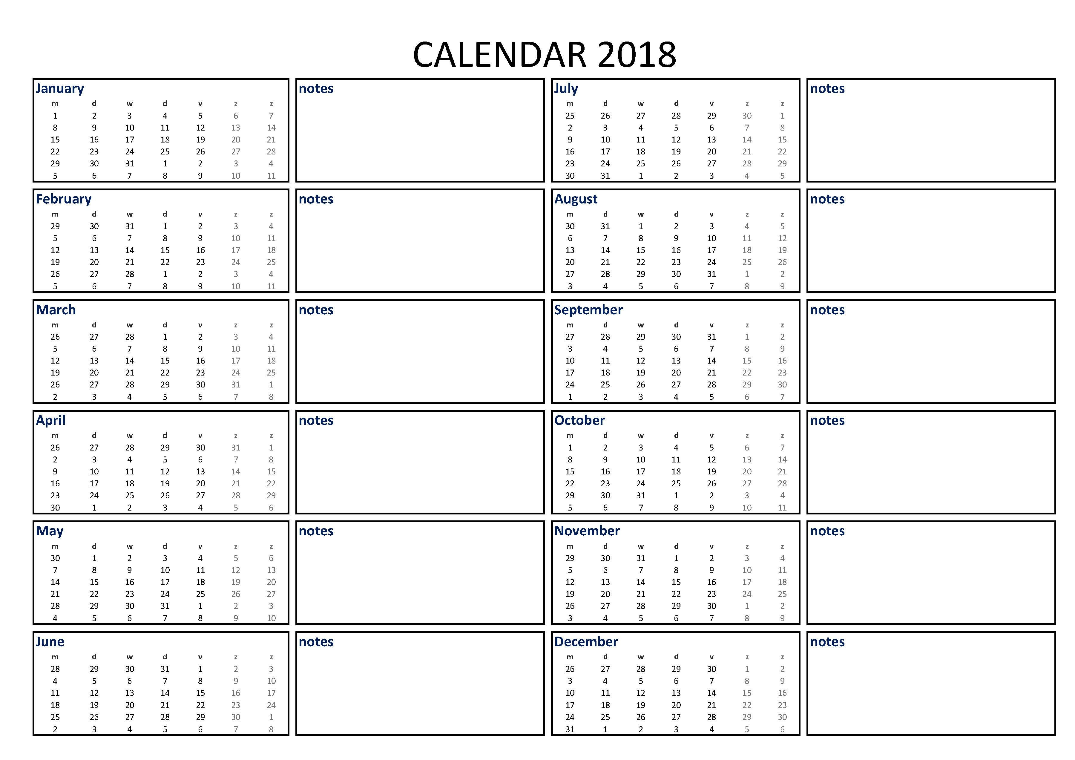 Blank Calendar Template With Space For Memo And Notes Printable