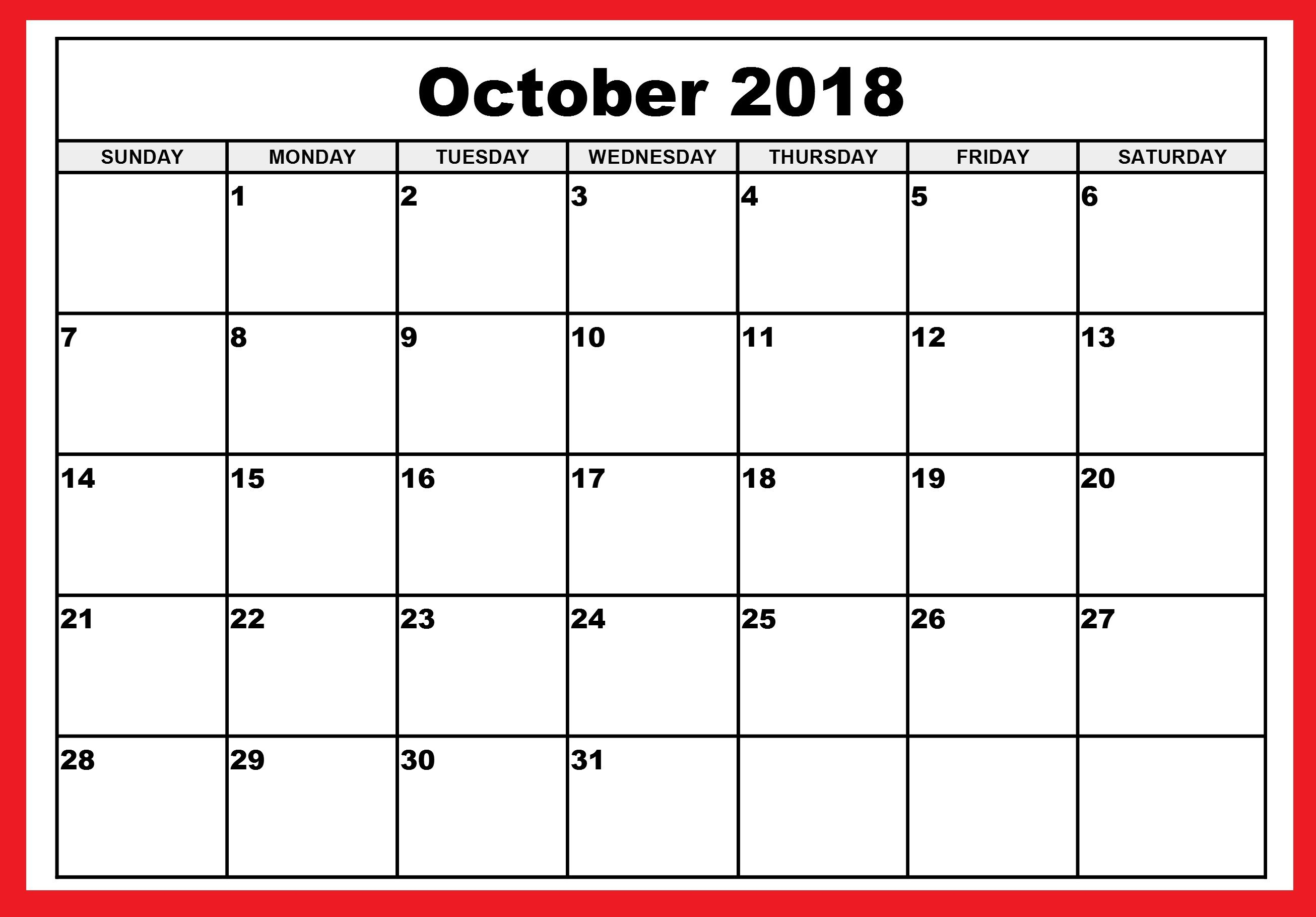 2018 Calendar Of October Printable | October 2018 Calendar