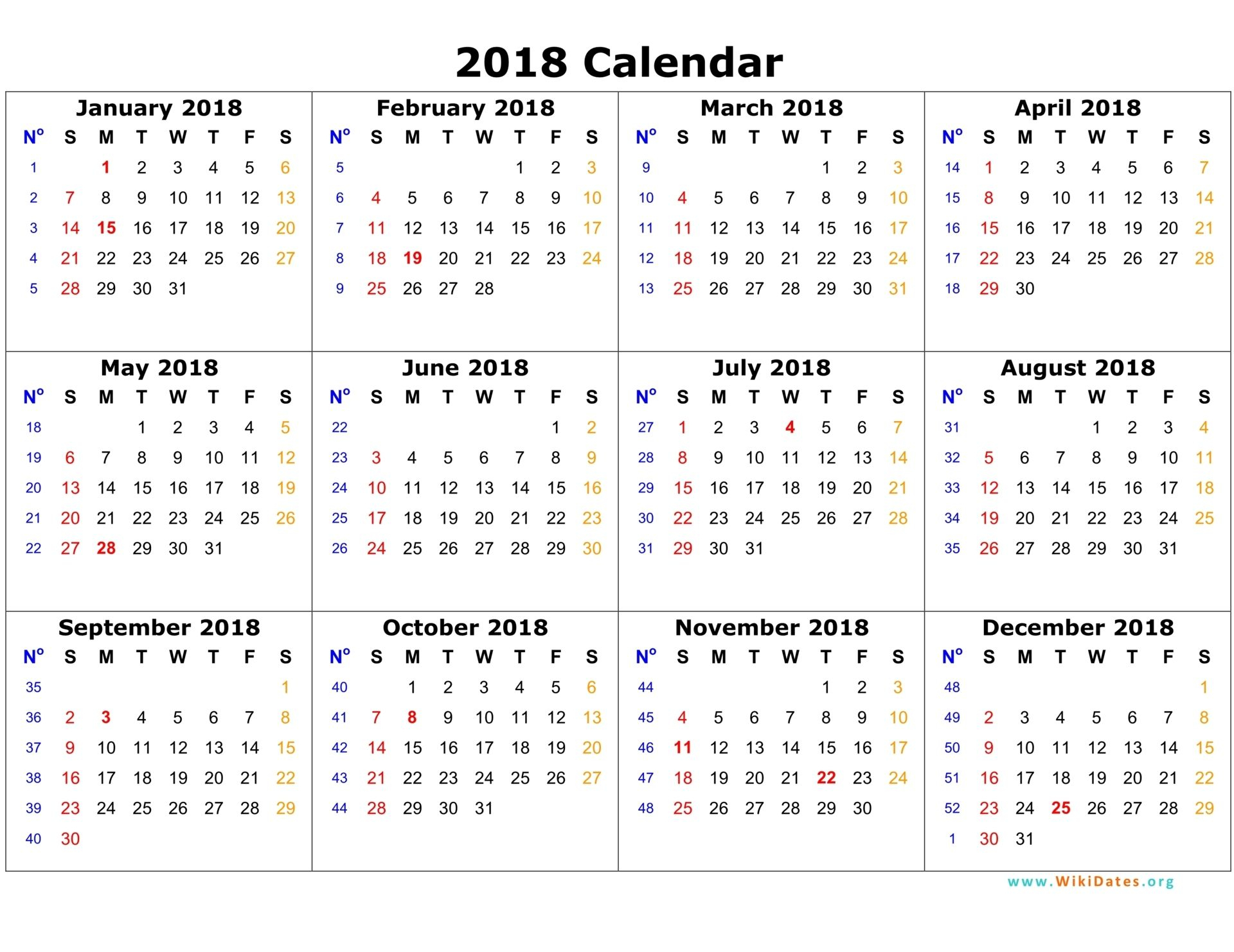2018 Calendar On One Page | Calendar Template 2016 | Planner