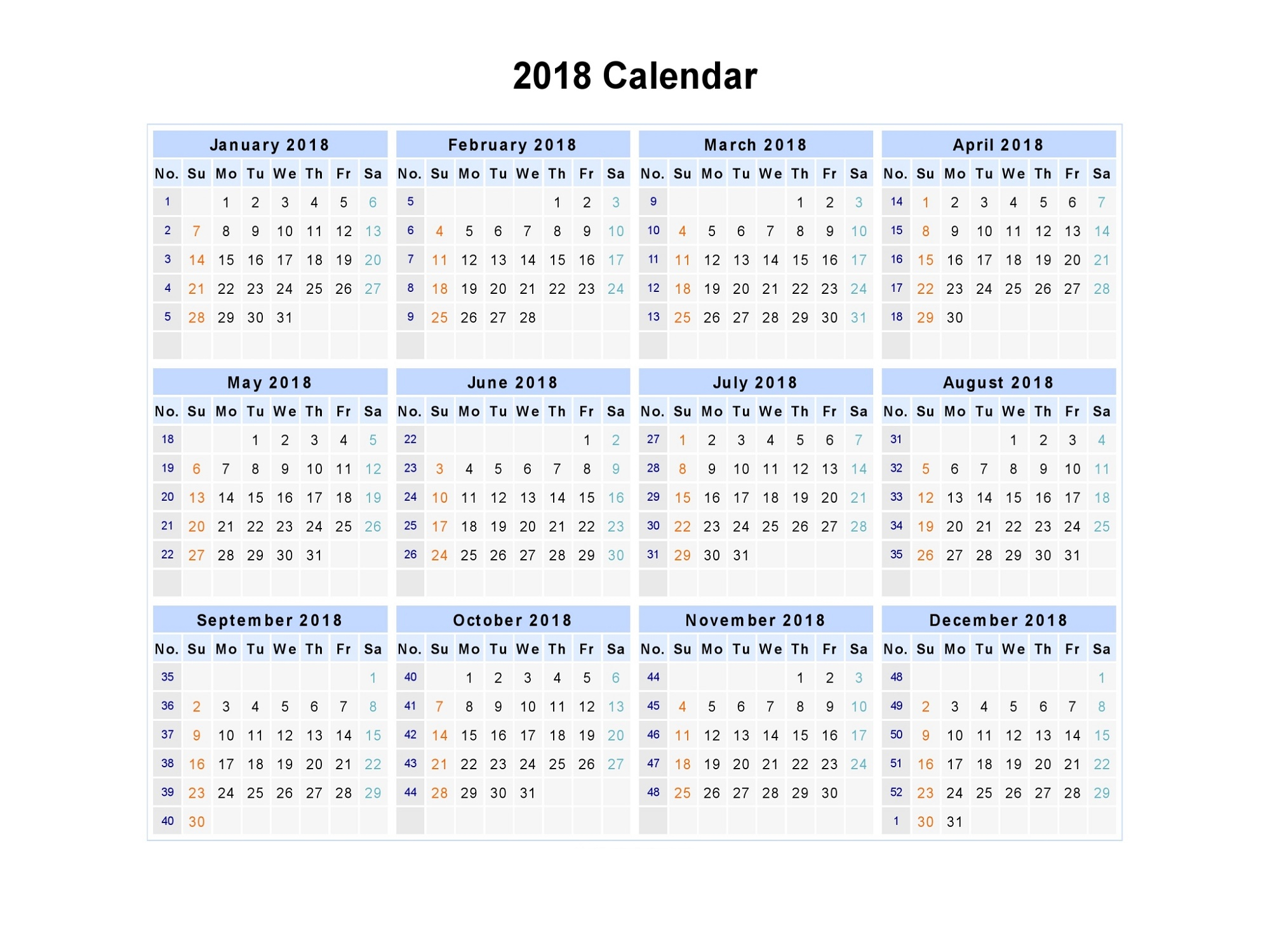 2018 Calendar With Week Numbers | Calendar Shelter