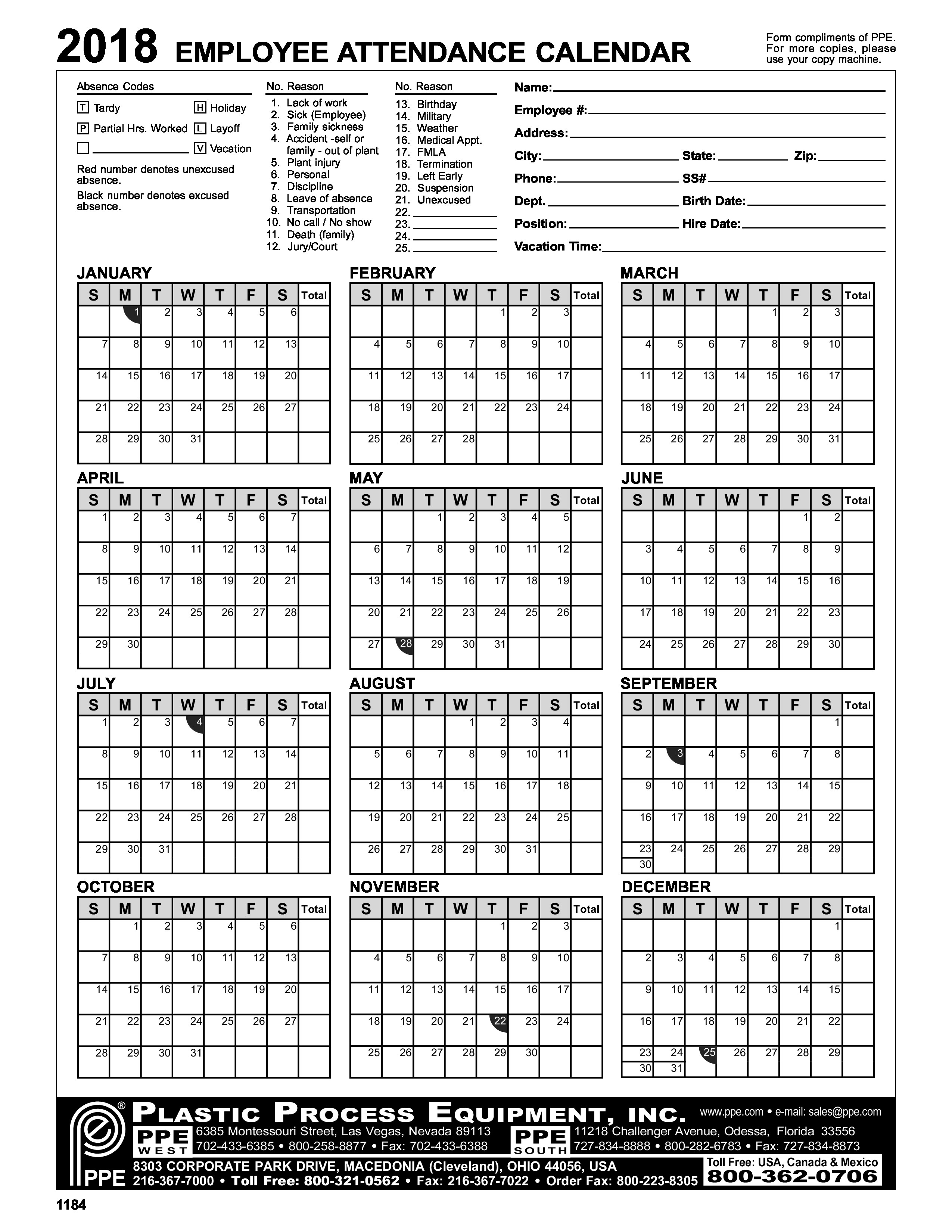 2018 Employee Attendance Calendar With Employee Attendance