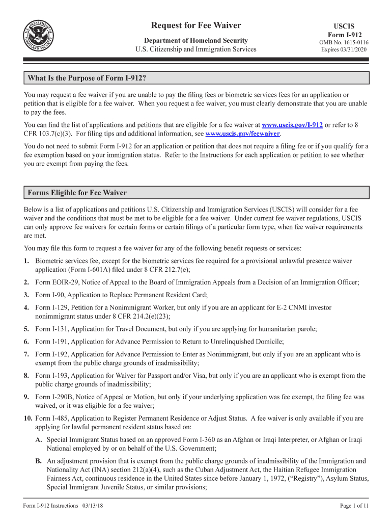 2018 Form Uscis I-912 Instructions Fill Online, Printable