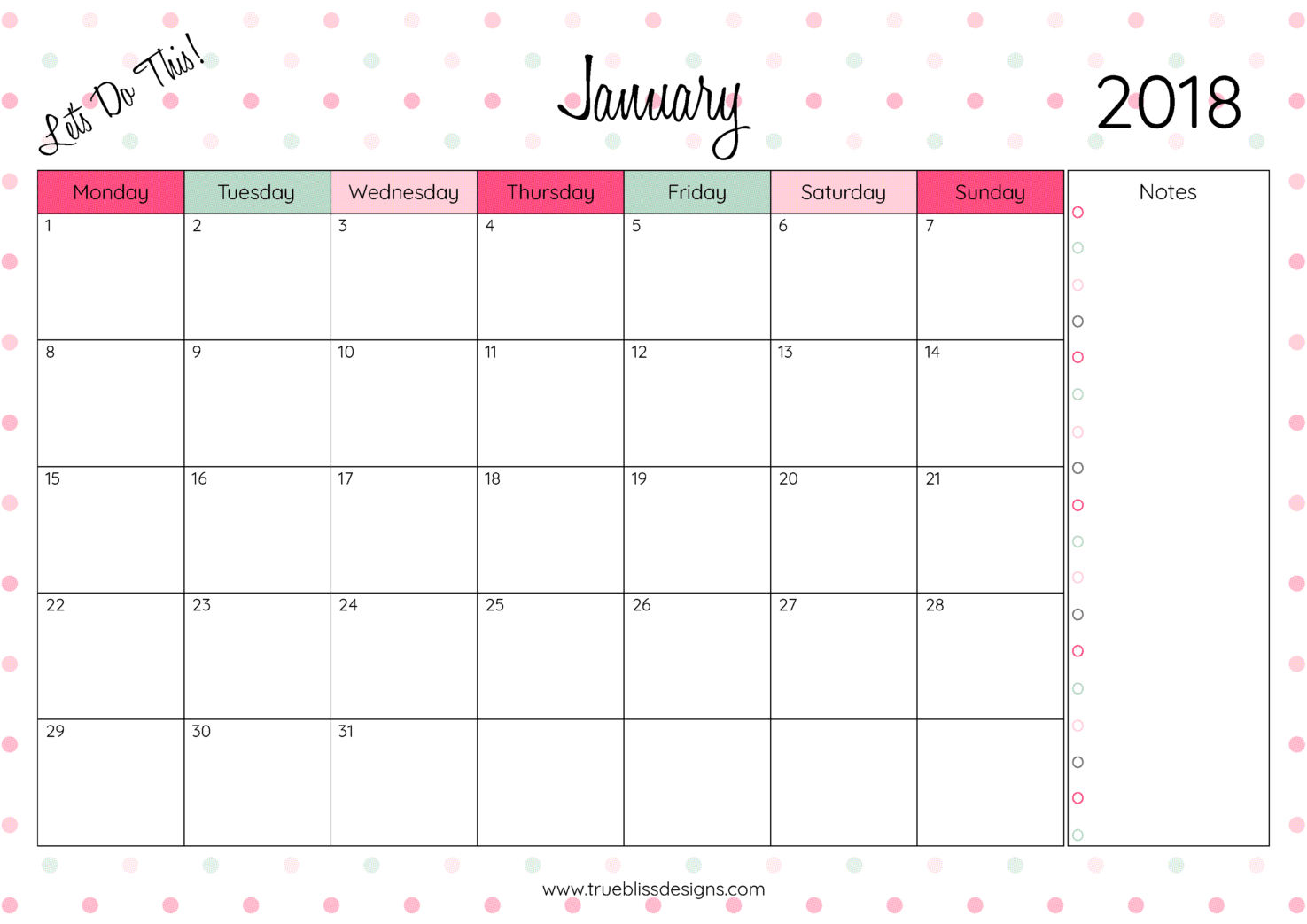 2018 Monthly Printable Calendar - Let&#039;s Do This | Diy