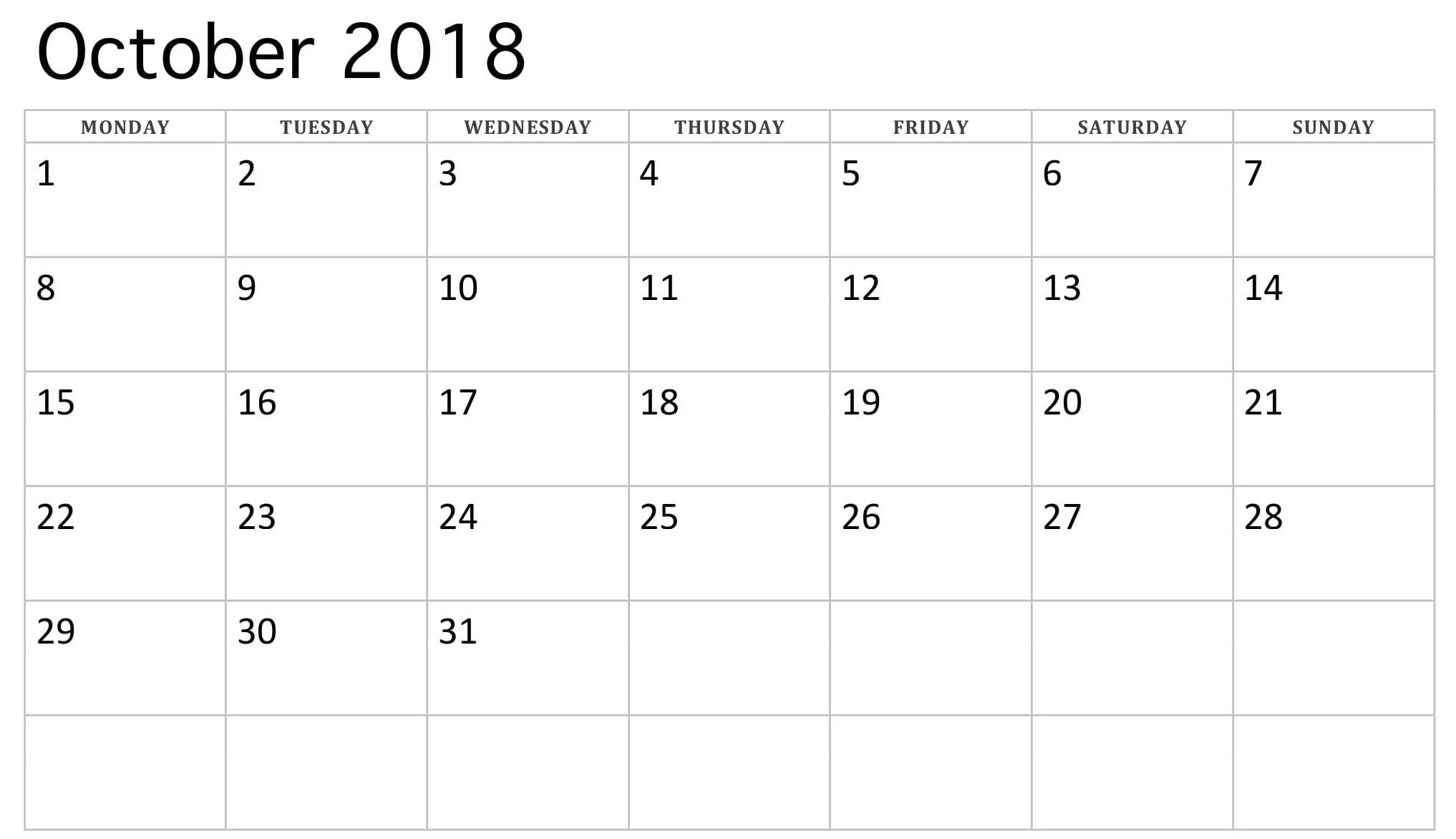 2018 October Monday Starting Calendar | 2018 Calendars