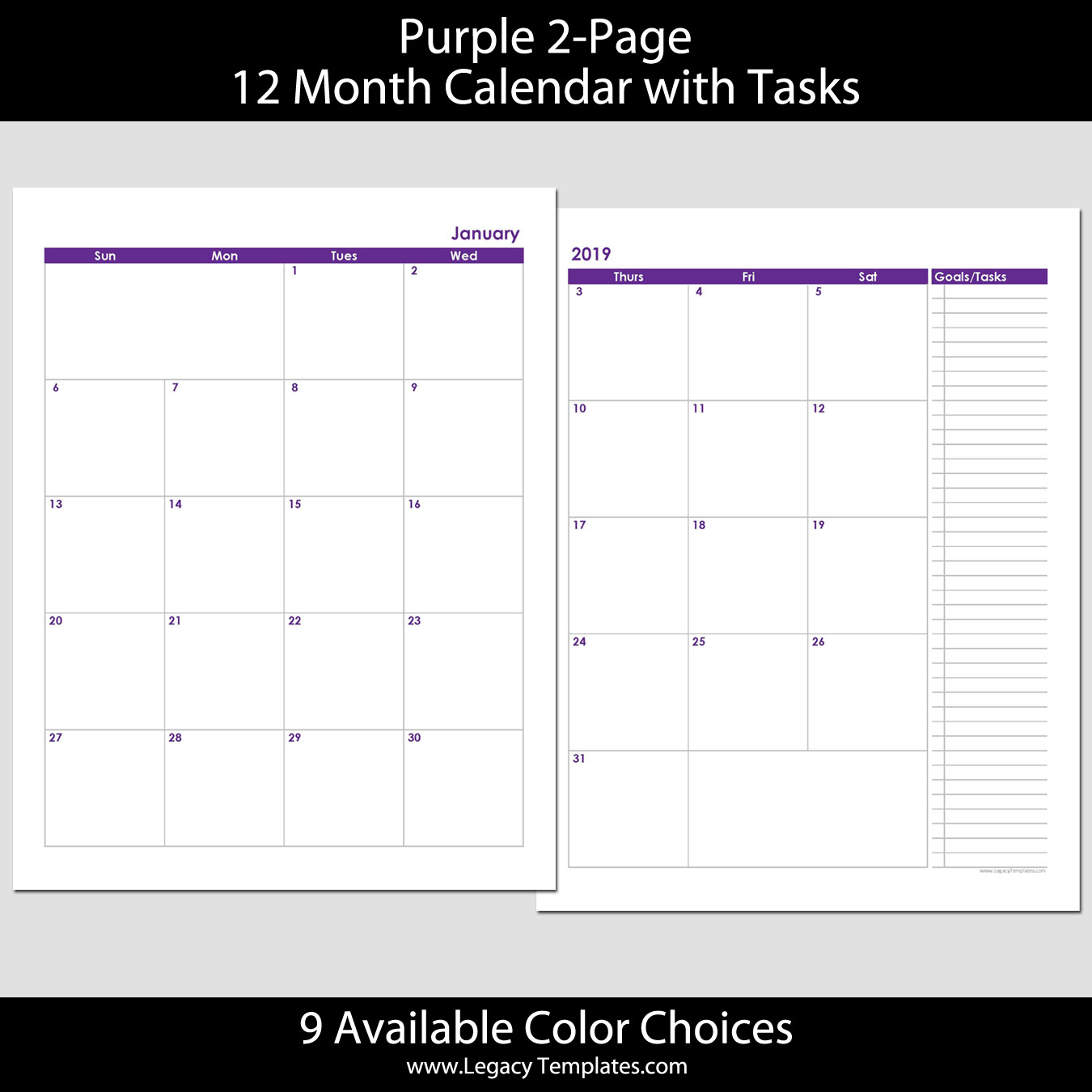 2019 12-Month 2-Page Calendar – 8.5 X 11 | Legacy Templates