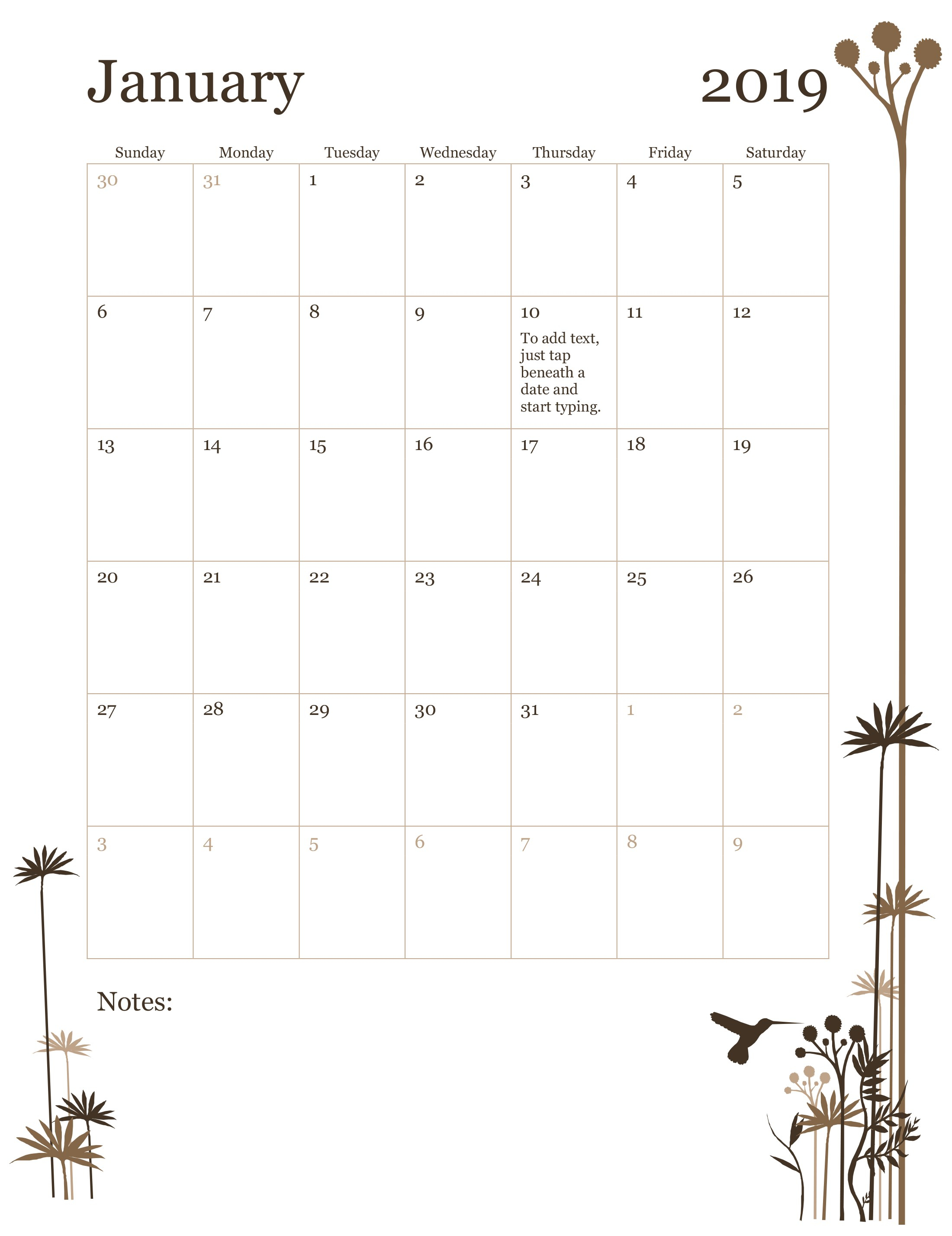 2019 12-Month Calendar (Sun-Sat)