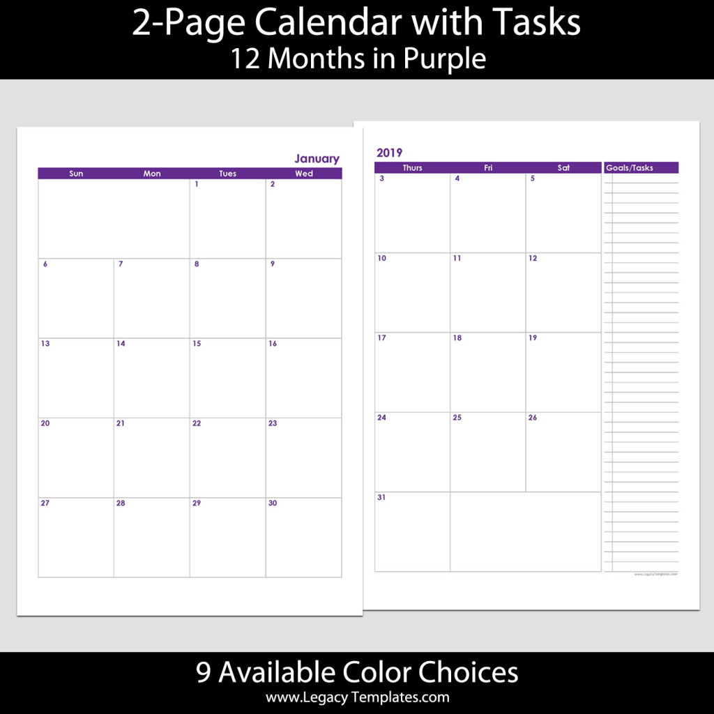 2019 12-Months 2-Page Calendar – A4 | Legacy Templates