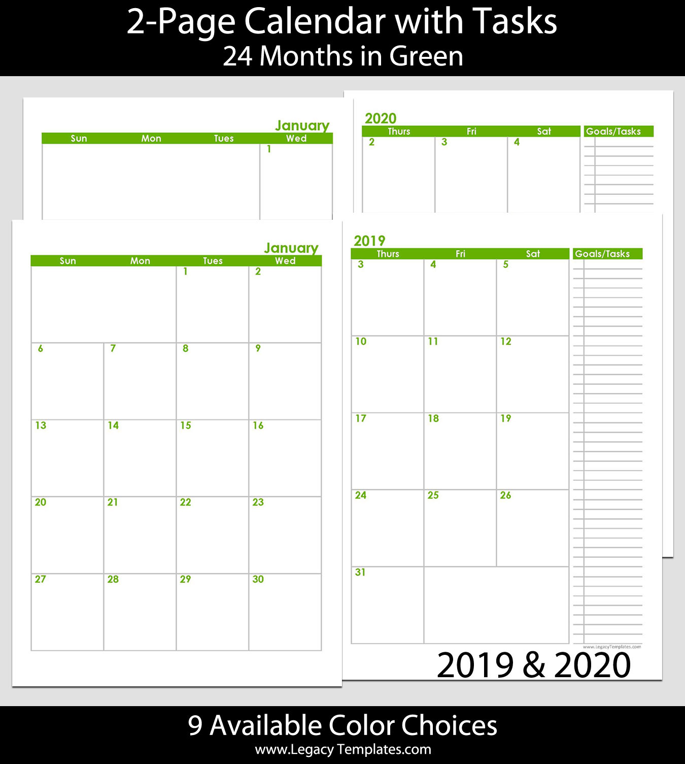 2019 &amp; 2020 24-Months 2-Page Calendar – A5 | Legacy Templates