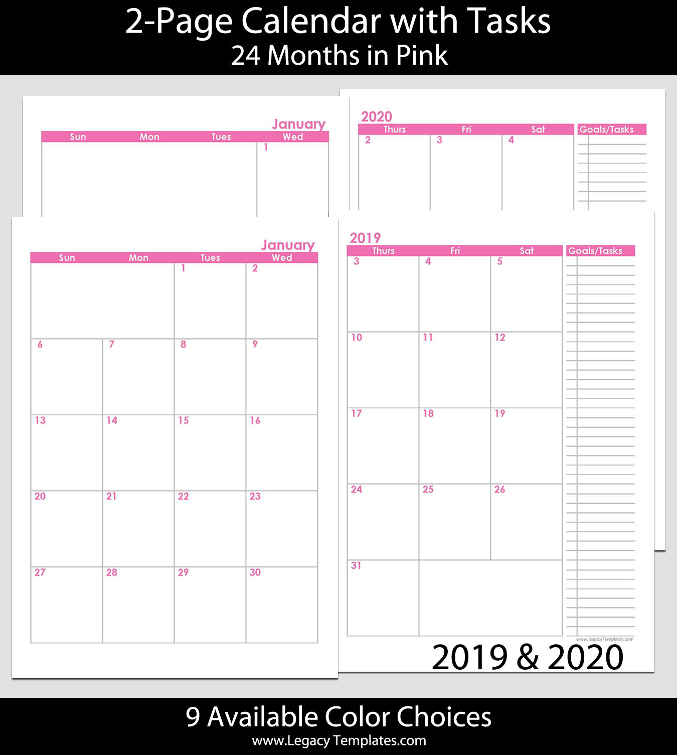 2019 &amp; 2020 24-Months 2-Page Calendar – A5 | Legacy Templates