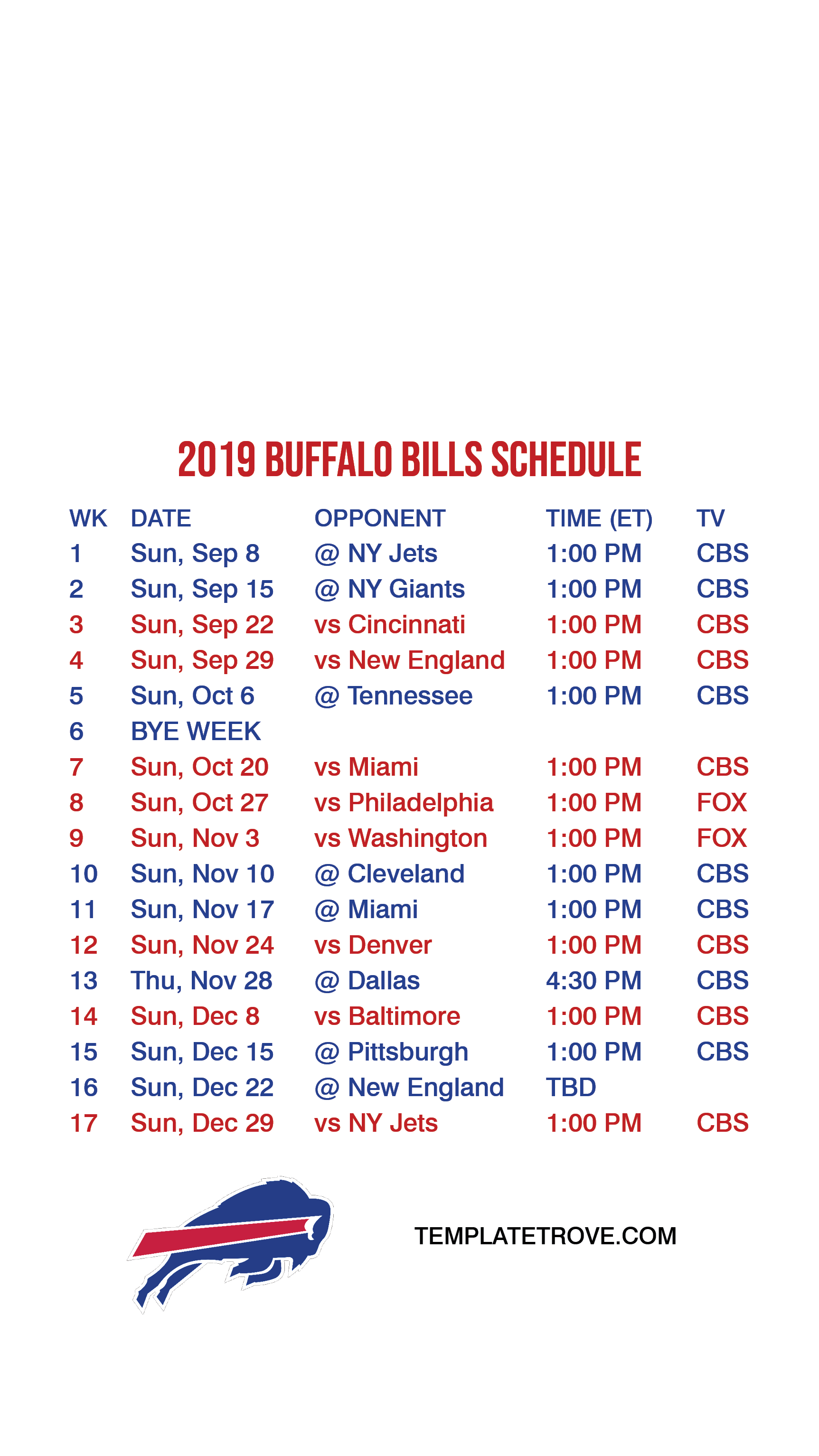 Printable Buffalo Bills 2020 Schedule