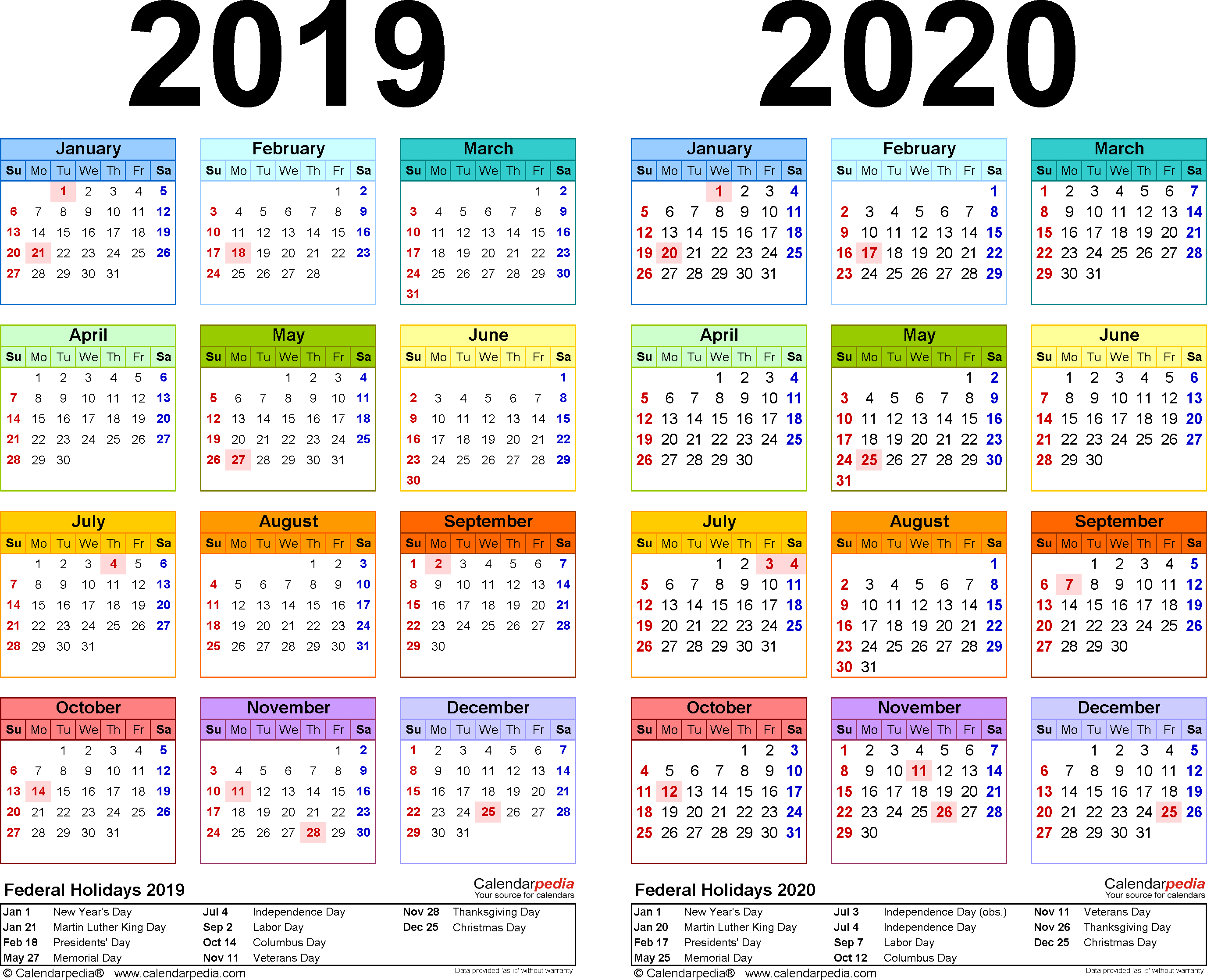 2019-2020 Calendar - Free Printable Two-Year Word Calendars