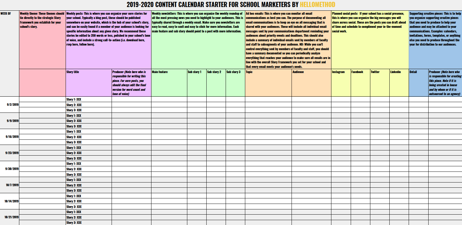 2019-2020 Content Calendar Starter Template For School