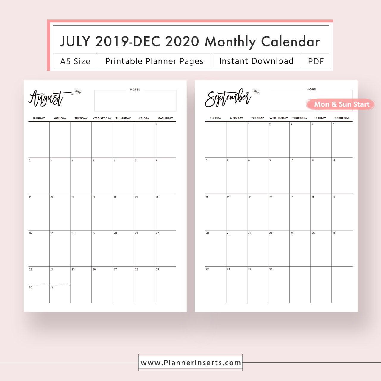 2019-2020 Dated Monthly Calendar For Unlimited Instant Download - Digital  Printable Planner Inserts In .pdf Format - Filofax A5 - Monthly Planner,