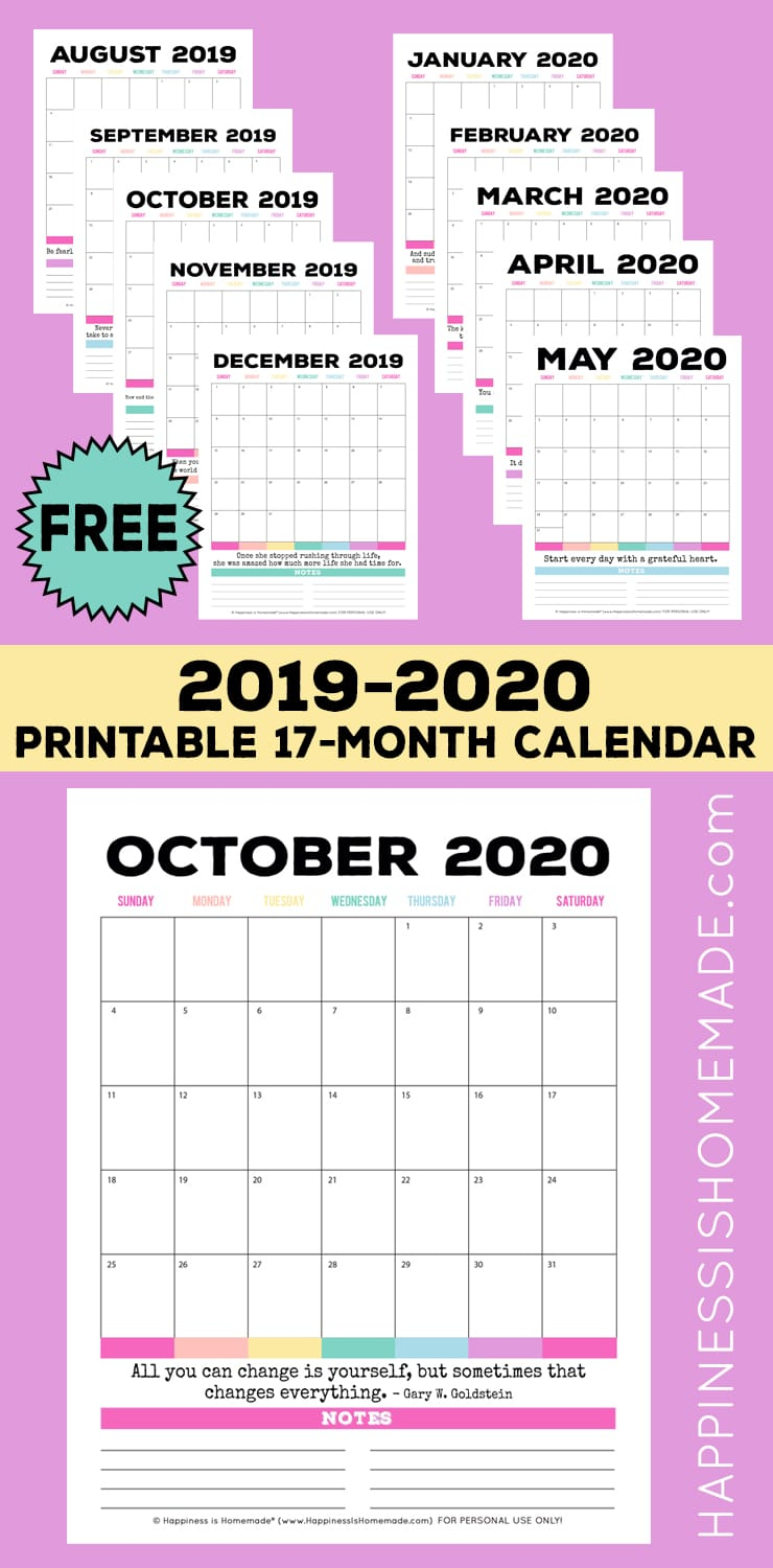 2019-2020 Free Printable Monthly Calendar - Happiness Is