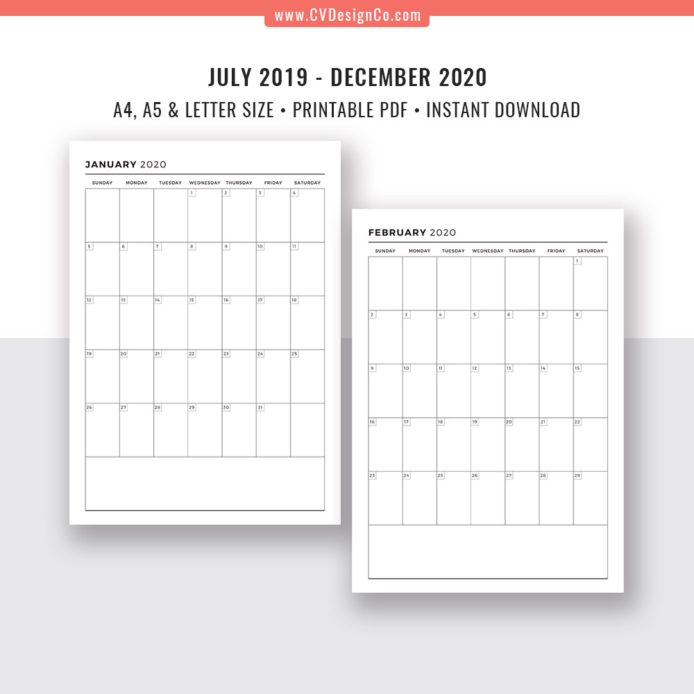 2019 - 2020 Monthly Calendar, 18 Month Calendar, Monthly Planner, Printable  Planner Inserts, Planner Template, Filofax A5, A4, Letter Size