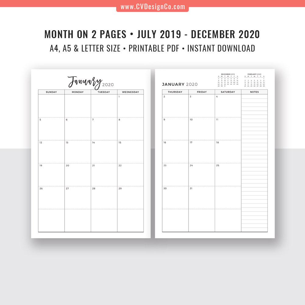 2019 - 2020 Monthly Planner, 18 Month Calendar, Monthly Organizer, Month On  2 Pages, Digital Printable Planner, Filofax A5, A4, Letter Size